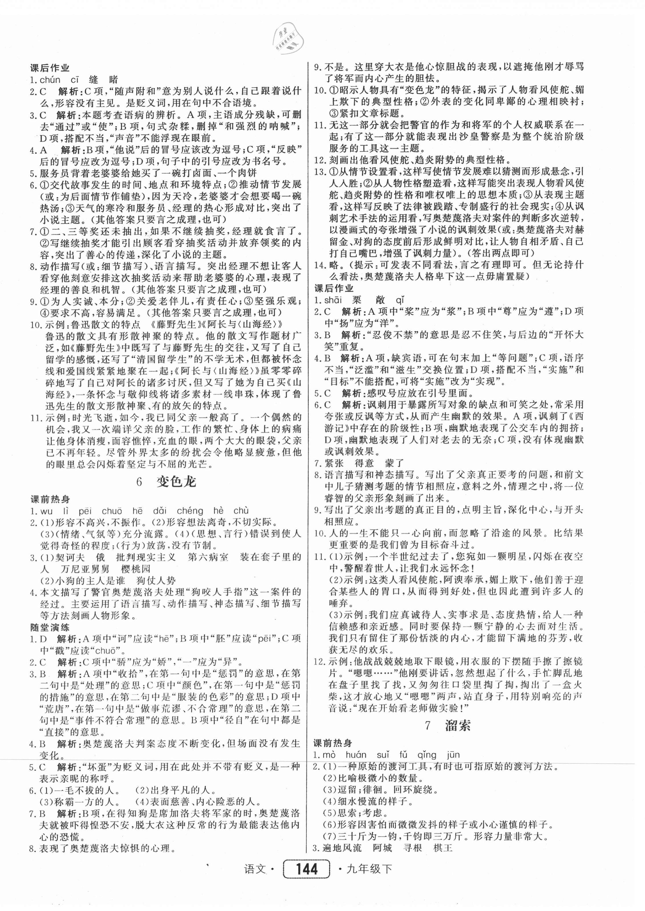 2021年紅對勾45分鐘作業(yè)與單元評估九年級語文下冊人教版 參考答案第4頁