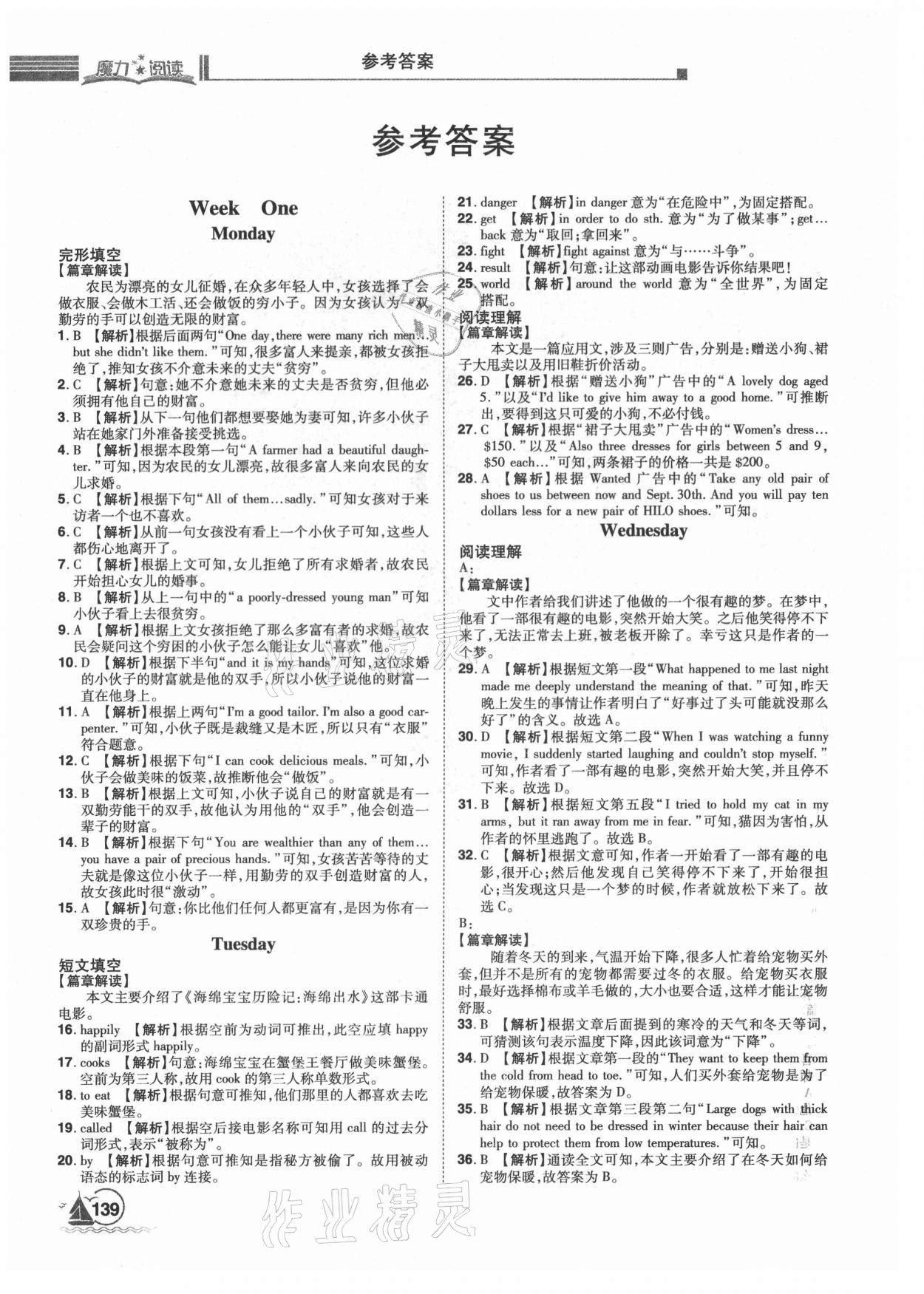 2020年魔力閱讀初中英語閱讀理解與完形填空八年級(jí) 參考答案第1頁