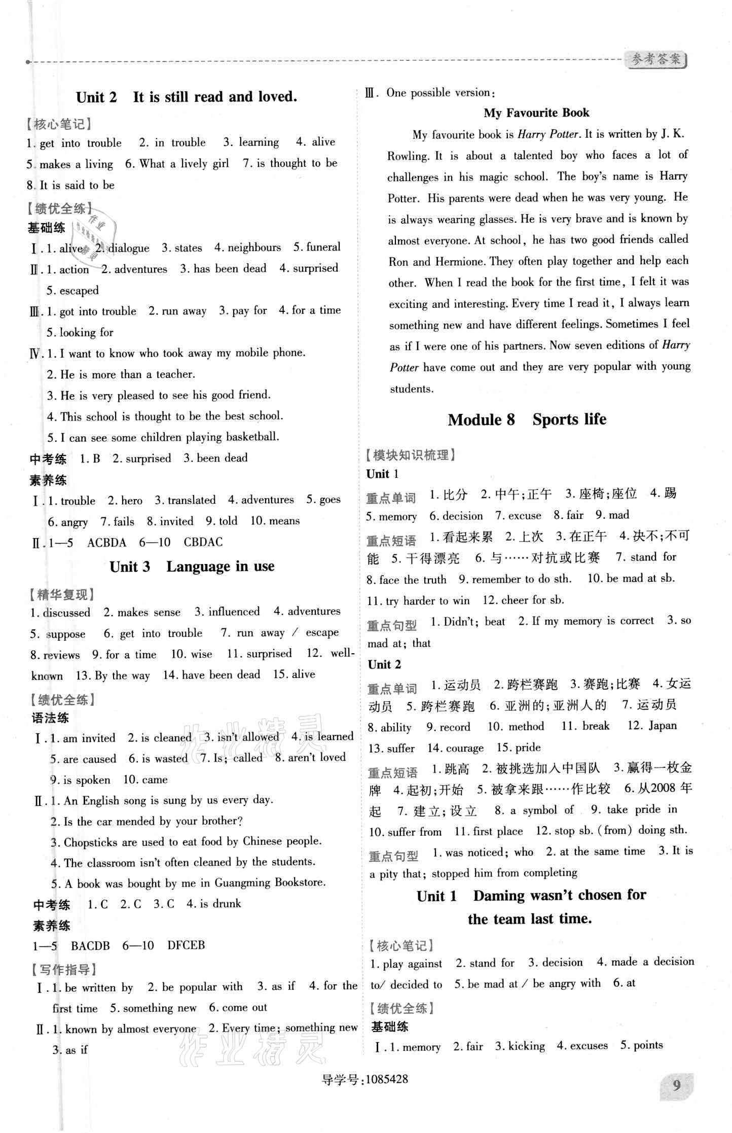 2020年绩优学案九年级英语全一册外研版 参考答案第9页