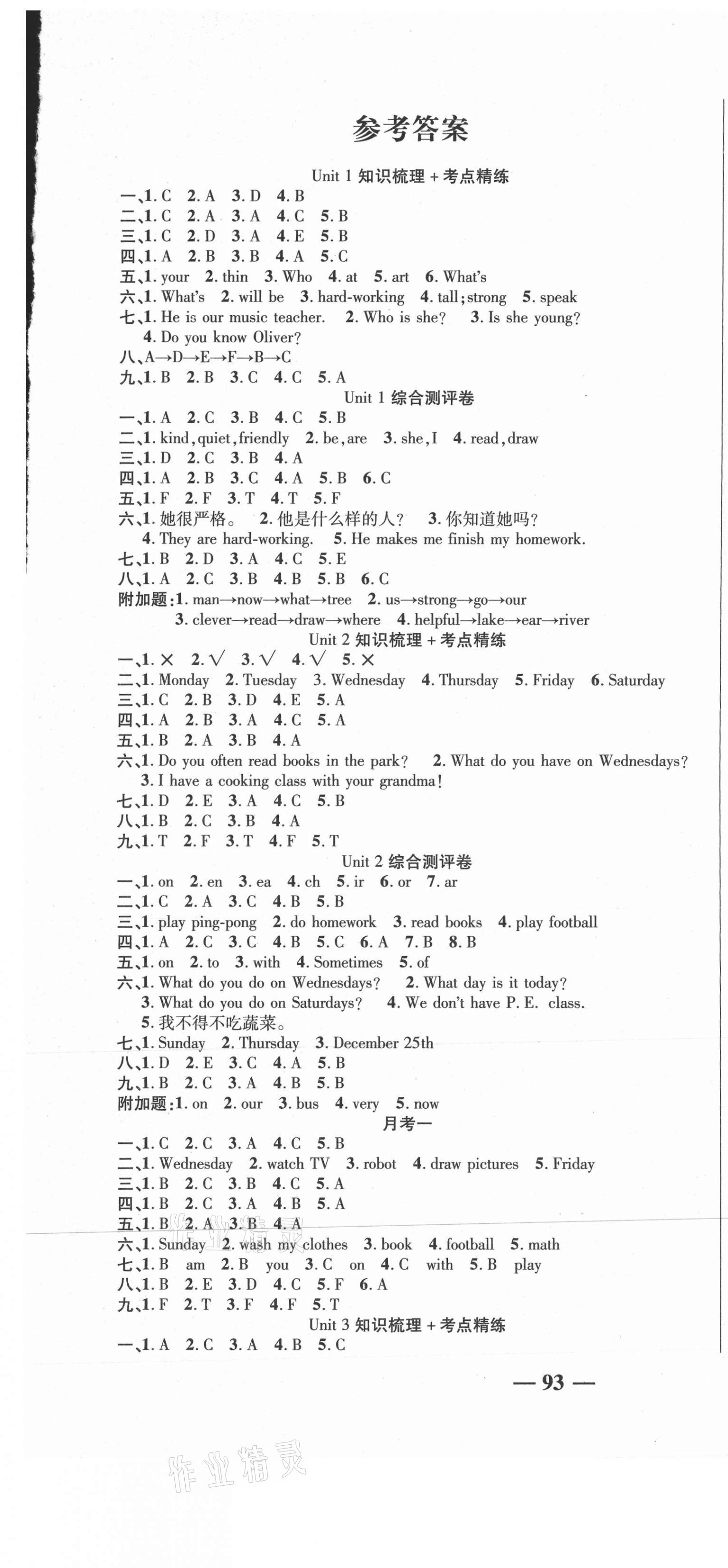 2020年名師考點梳理卷五年級英語上冊人教PEP版 參考答案第1頁