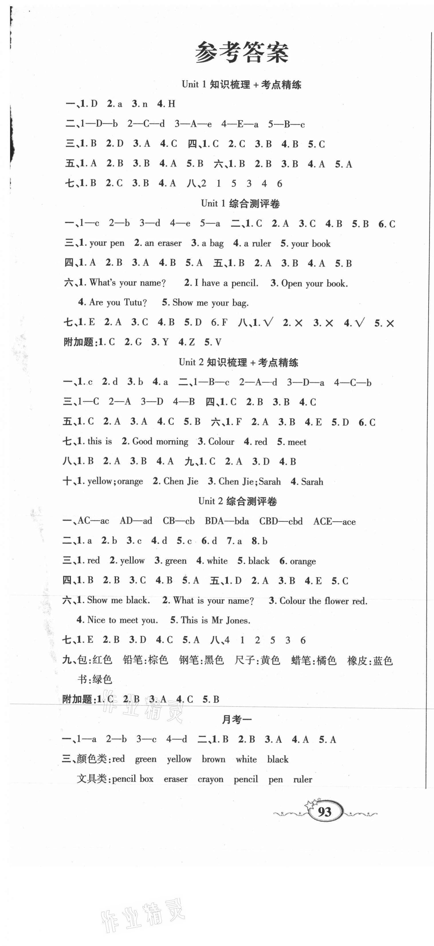 2020年名師考點梳理卷三年級英語上冊人教PEP版 參考答案第1頁