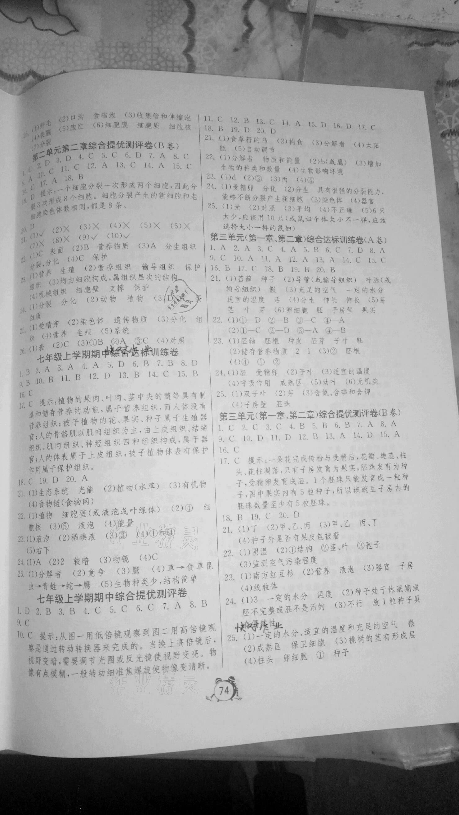 2020年初中单元测试卷七年级生物学上册人教版 参考答案第2页