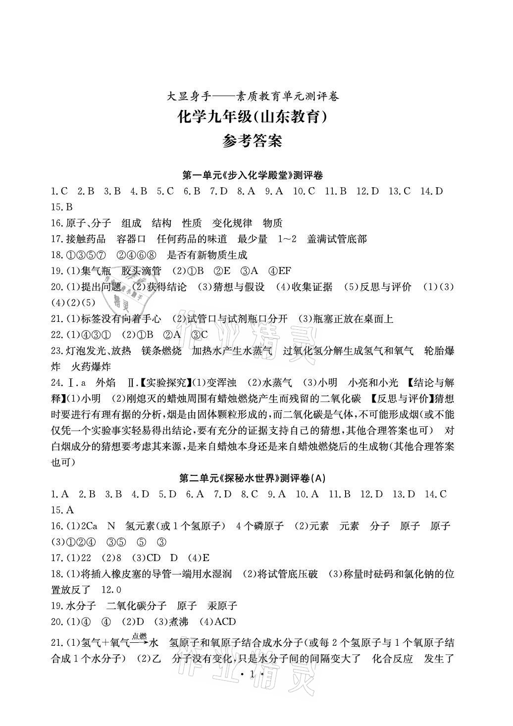 2020年大顯身手素質(zhì)教育單元測(cè)評(píng)卷九年級(jí)化學(xué)魯教版 參考答案第1頁(yè)