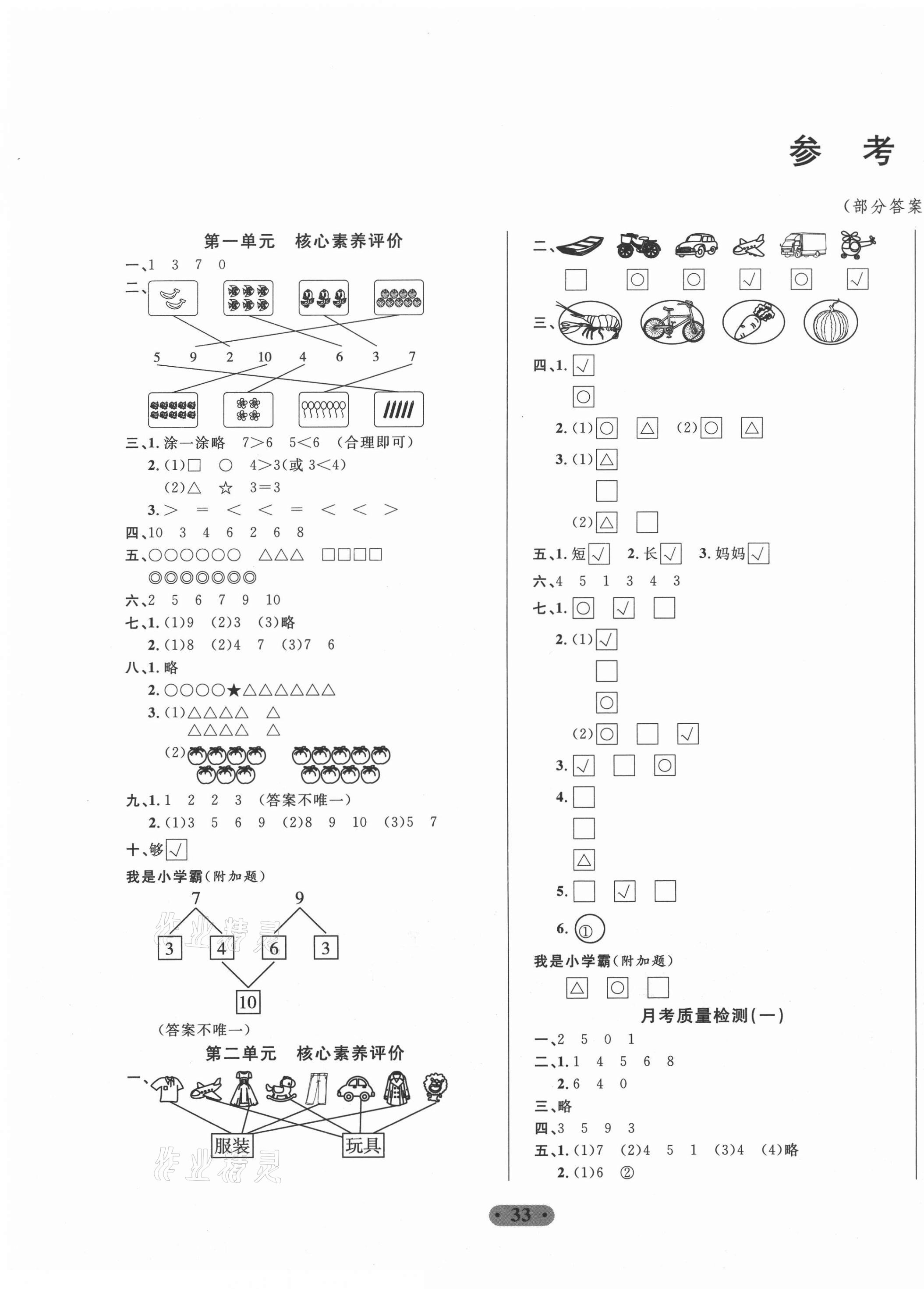 2020年一卷通小學(xué)核心素養(yǎng)評價一年級數(shù)學(xué)上冊青島版54制 參考答案第1頁