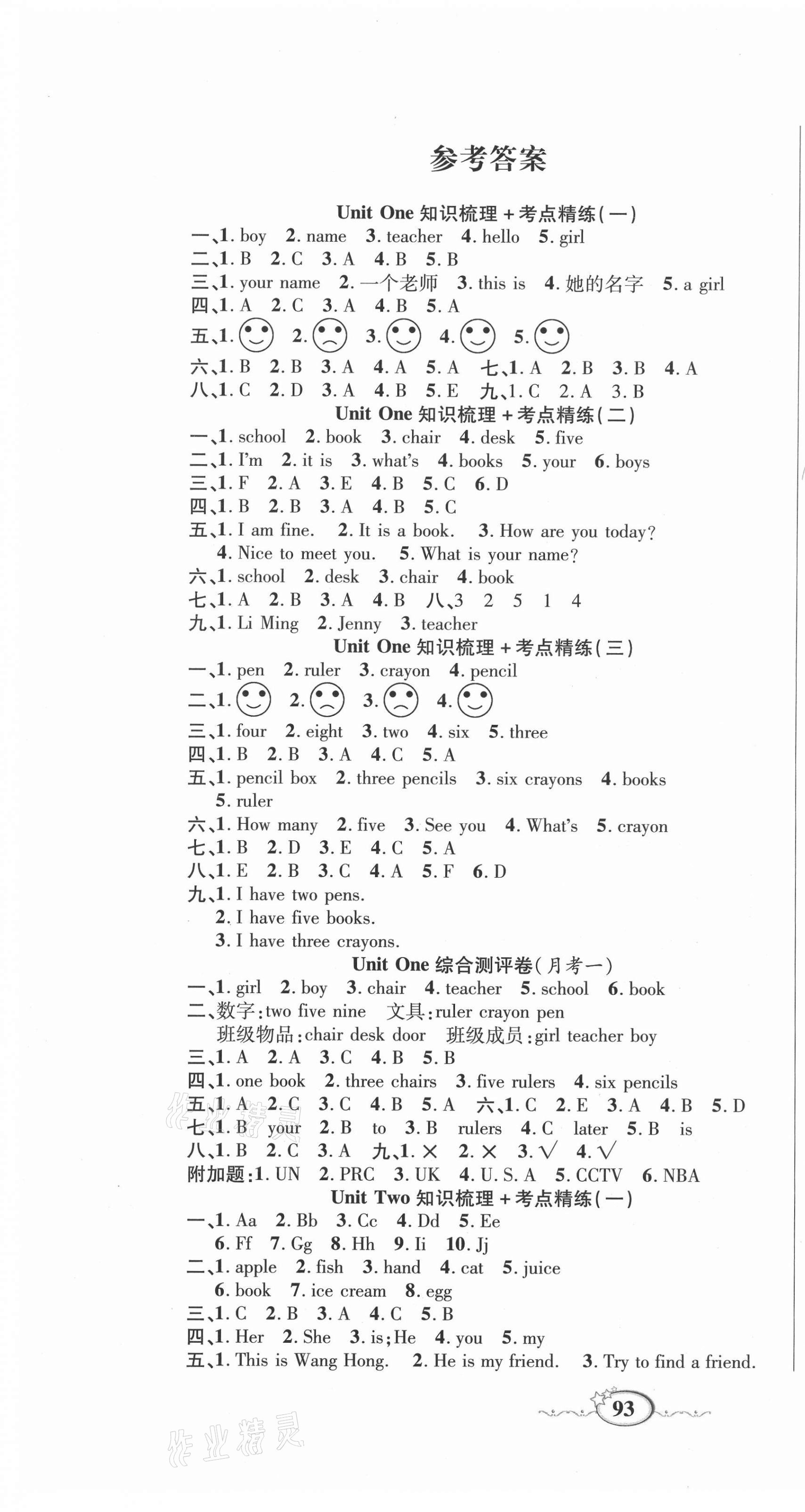 2020年名師考點梳理卷三年級英語上冊冀教版 參考答案第1頁