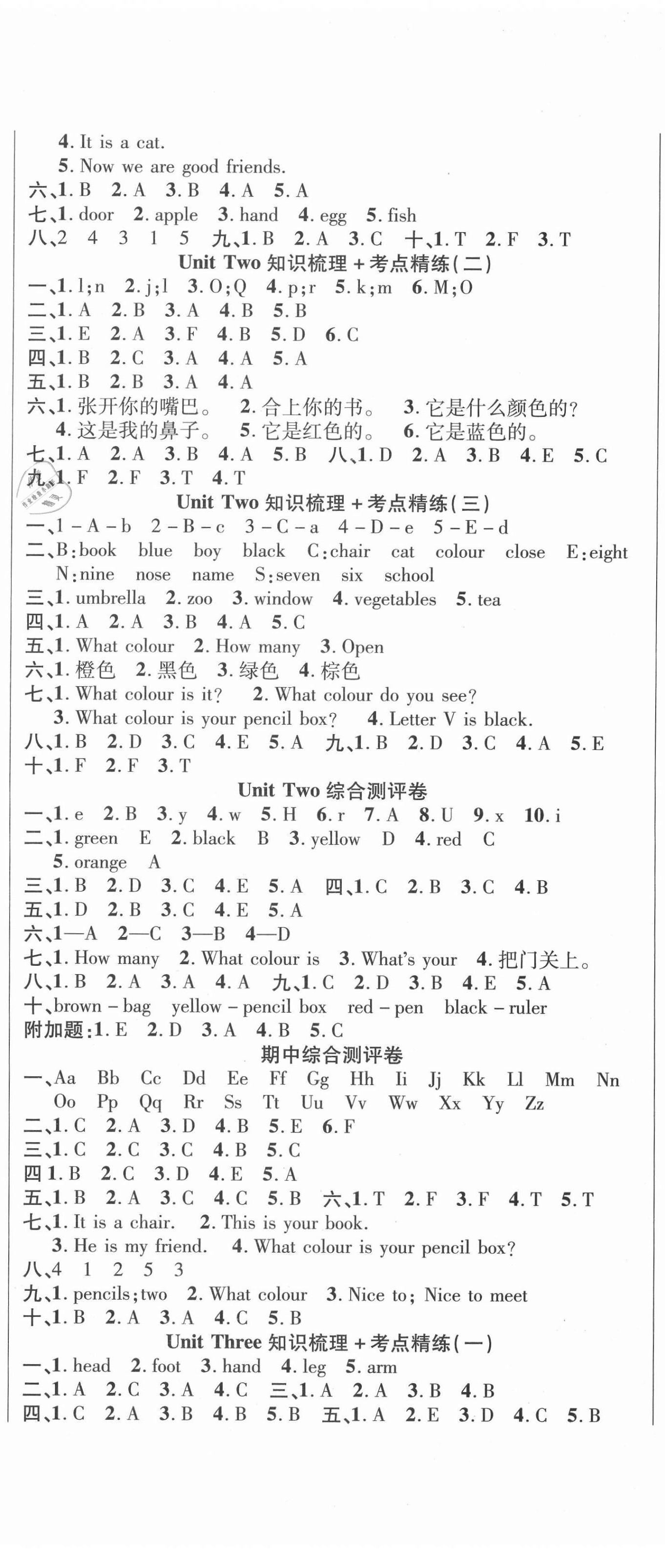 2020年名師考點梳理卷三年級英語上冊冀教版 參考答案第2頁