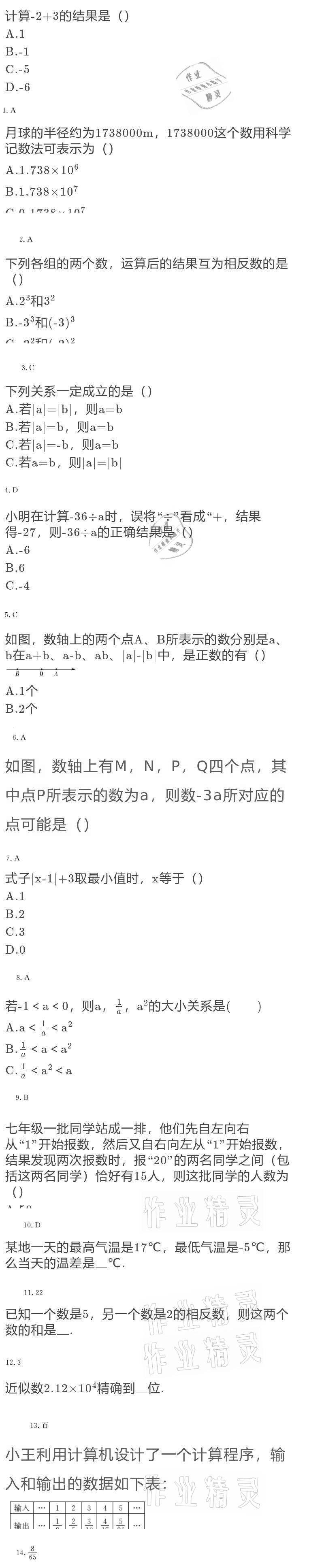 2020年点击金牌学业观察七年级数学上册人教版 参考答案第12页