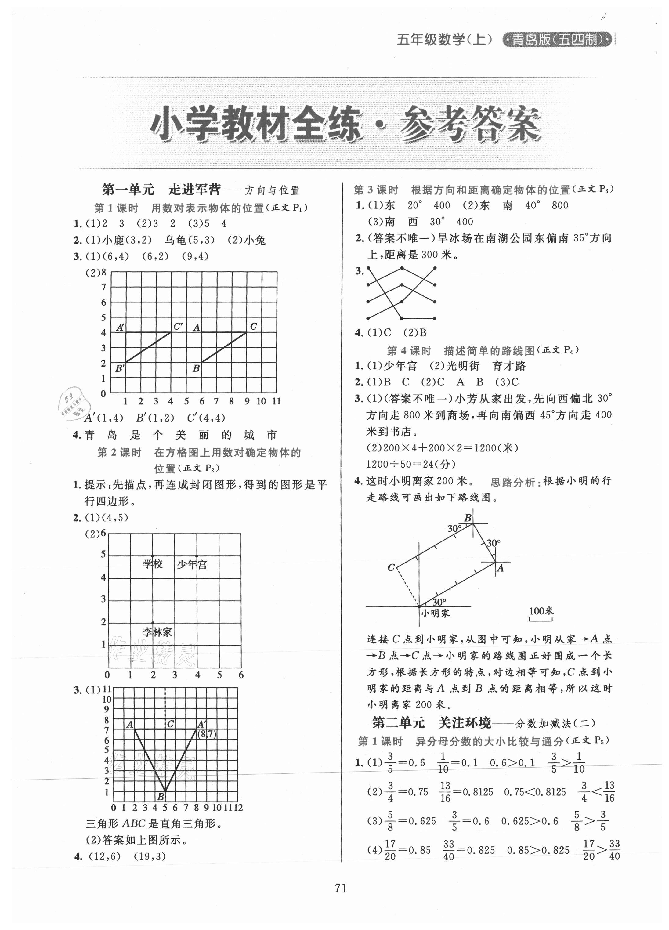2020年小學(xué)教材全練五年級(jí)數(shù)學(xué)上冊(cè)青島版54制 參考答案第1頁