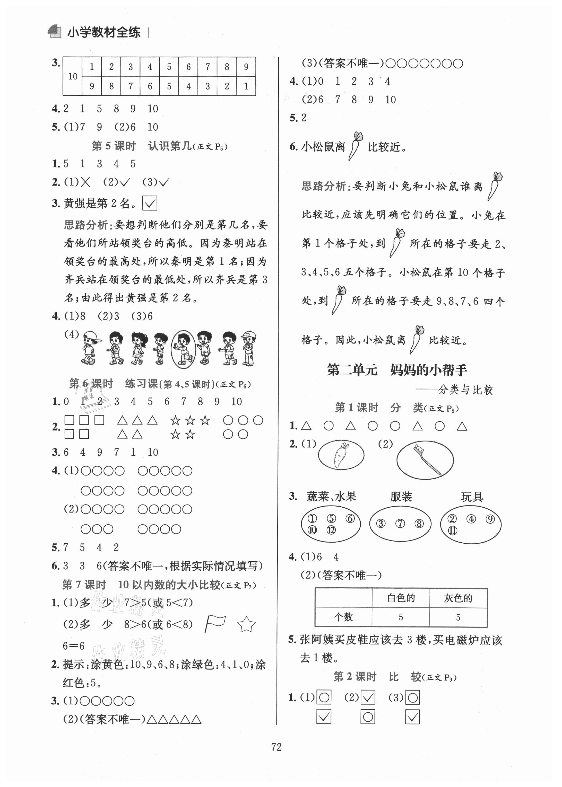 2020年小学教材全练一年级数学上册青岛版54制 参考答案第2页