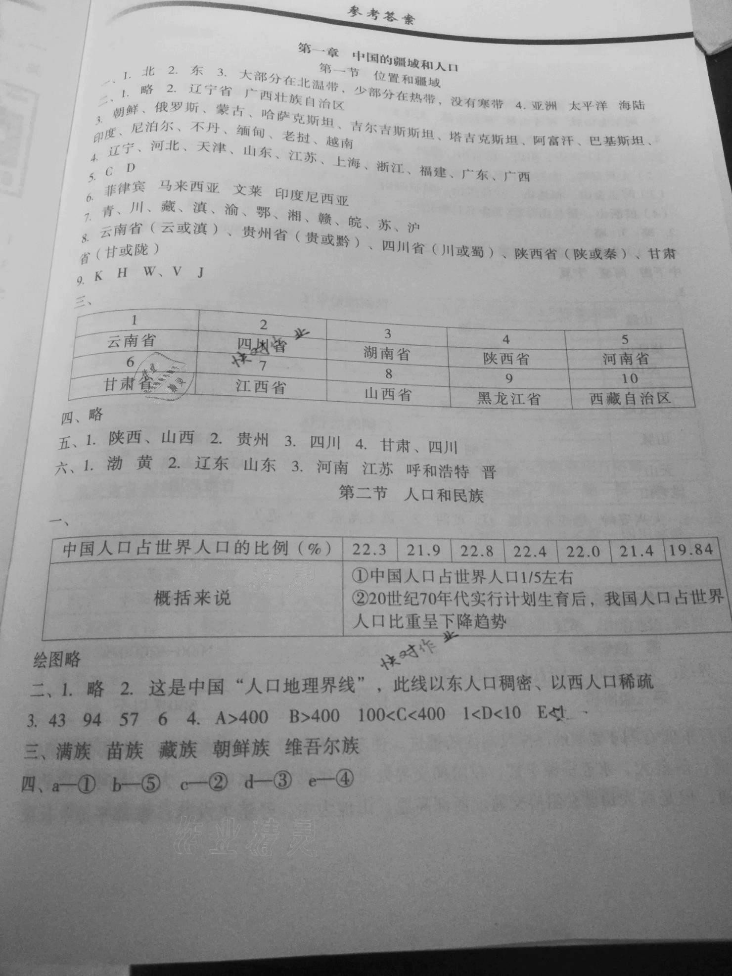 2020年地理读图填图训练八年级上册粤人版 参考答案第1页