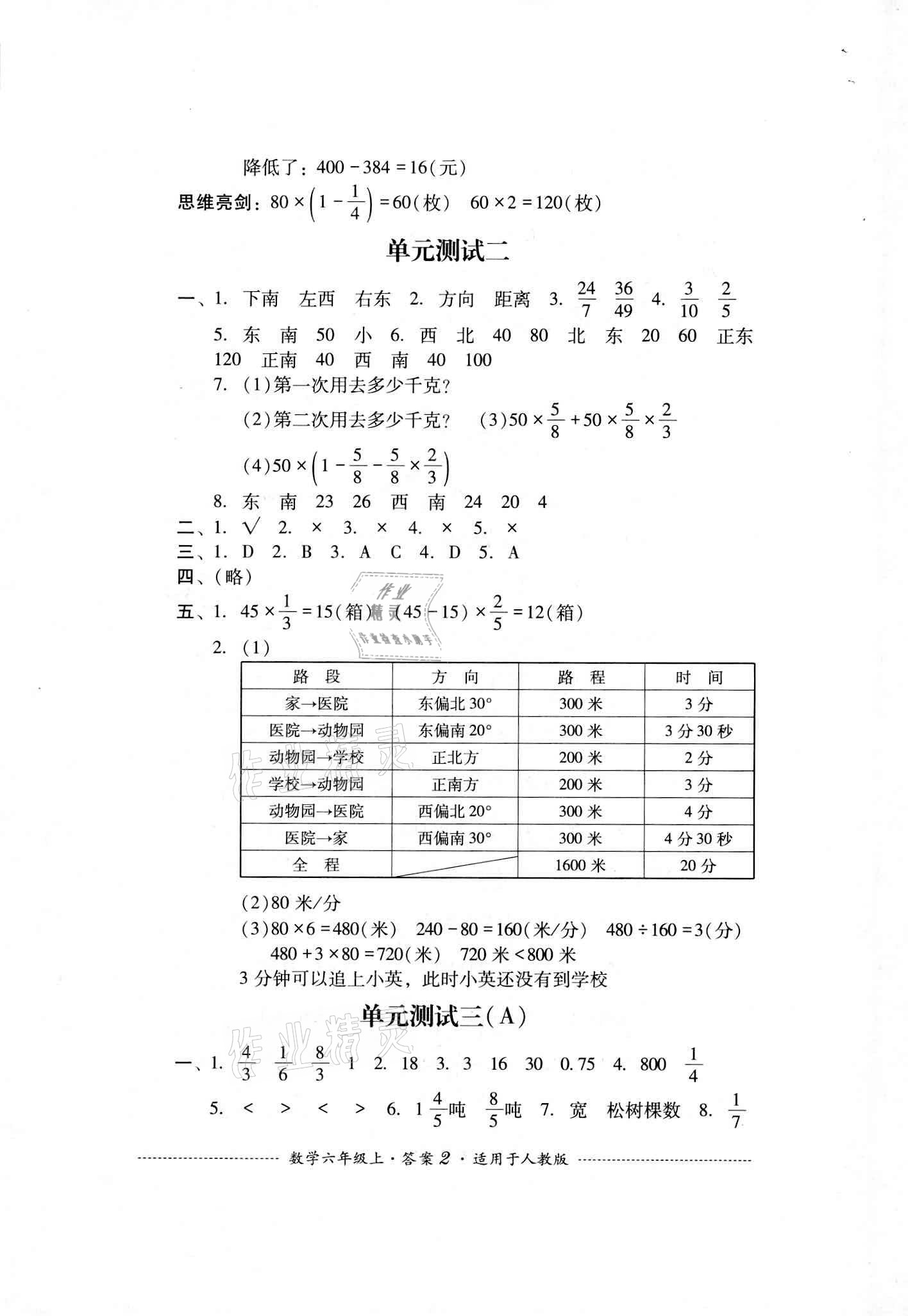 2020年单元测试六年级数学上册人教版四川教育出版社 参考答案第2页