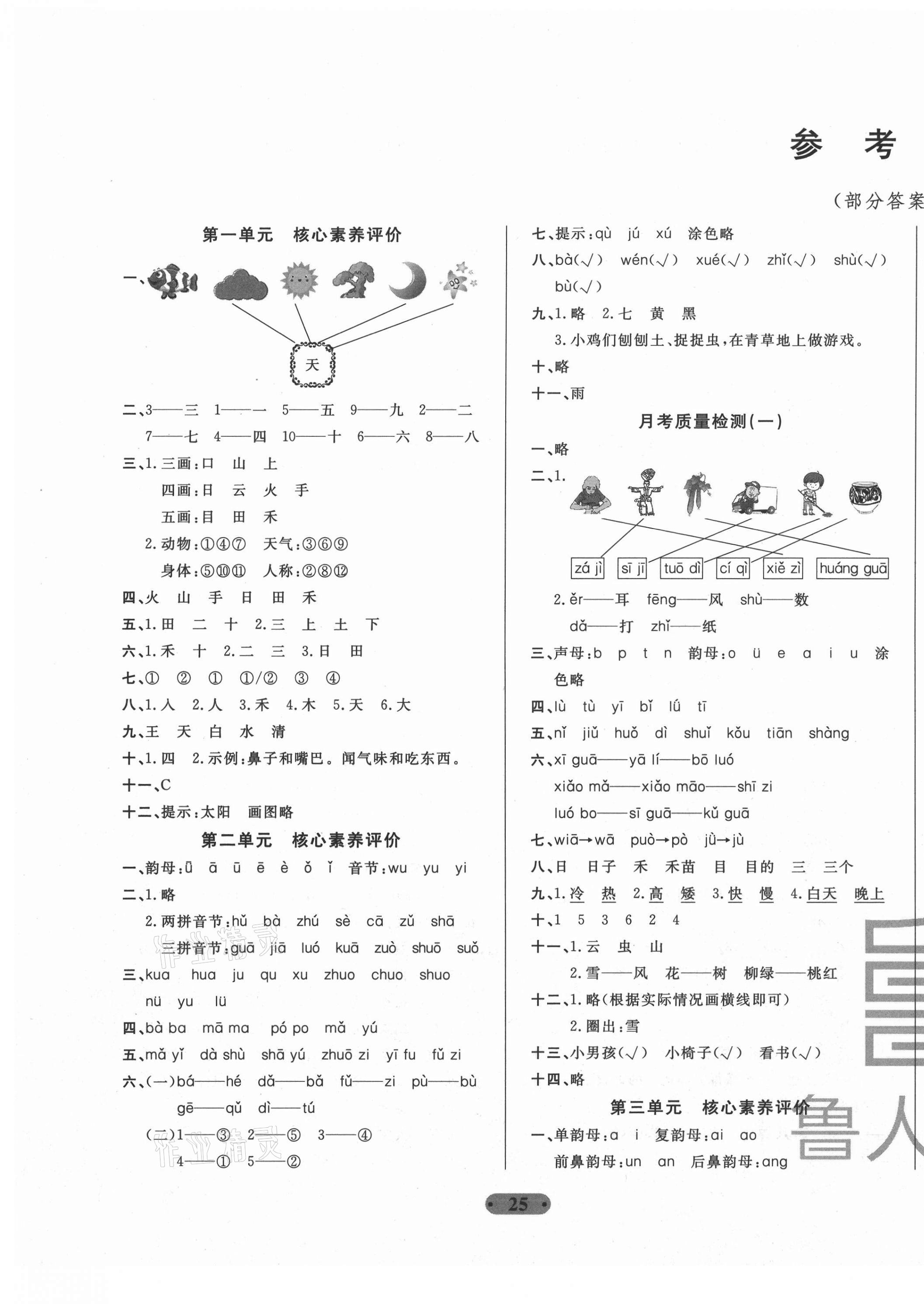 2020年一卷通小學(xué)核心素養(yǎng)評價(jià)一年級語文上冊人教版 參考答案第1頁