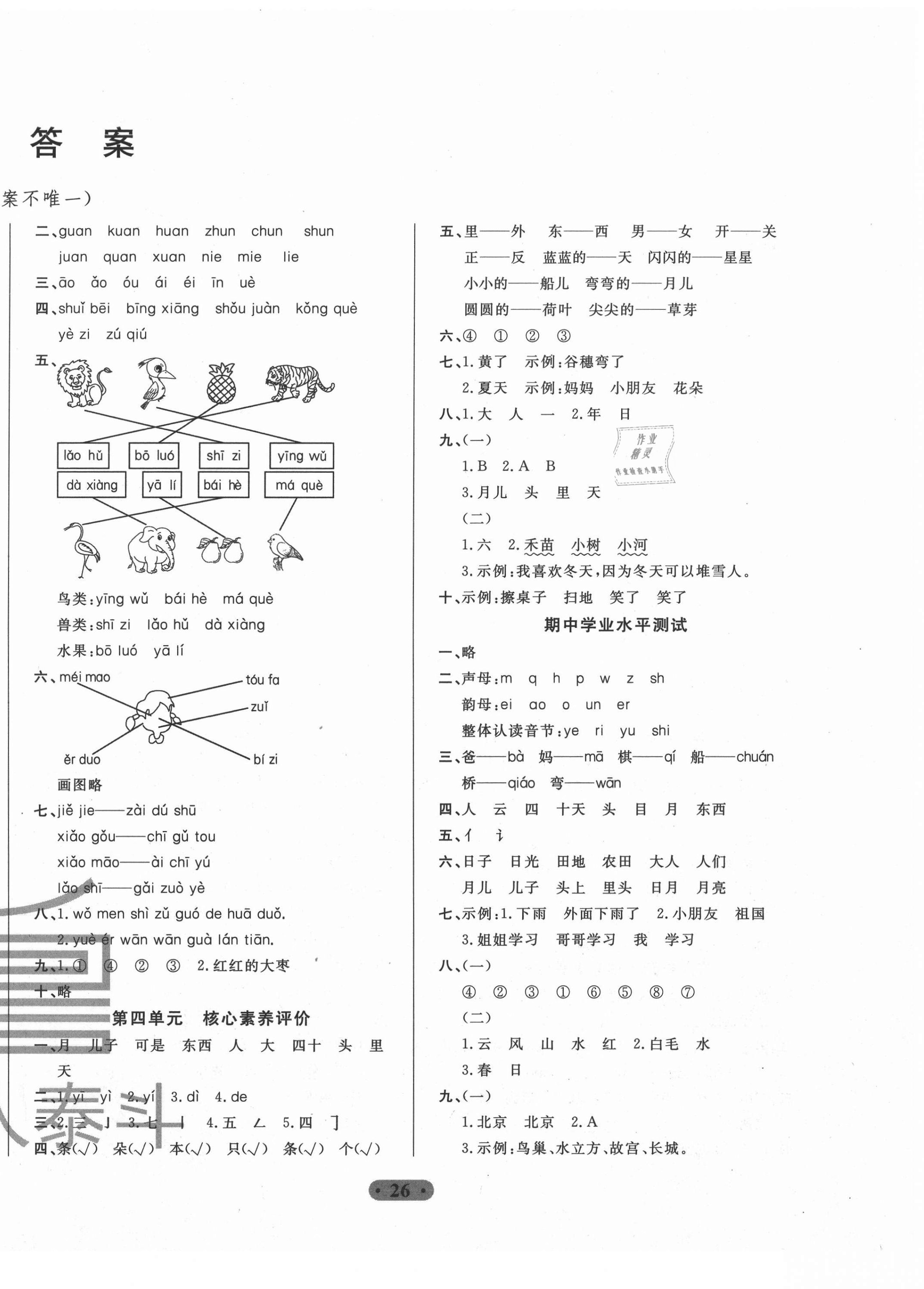 2020年一卷通小學核心素養(yǎng)評價一年級語文上冊人教版 參考答案第2頁