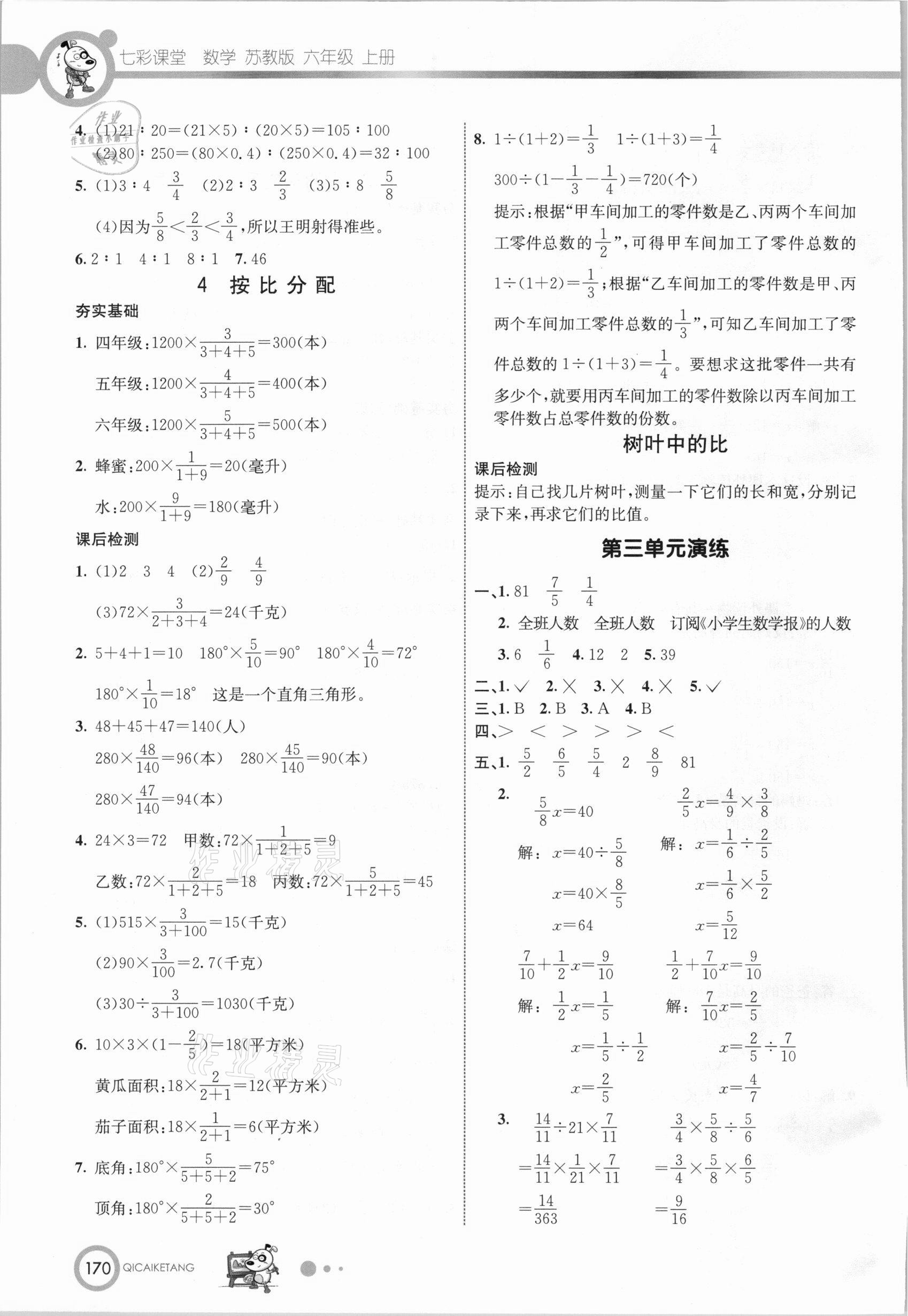 2020年七彩课堂六年级数学上册苏教版 参考答案第7页