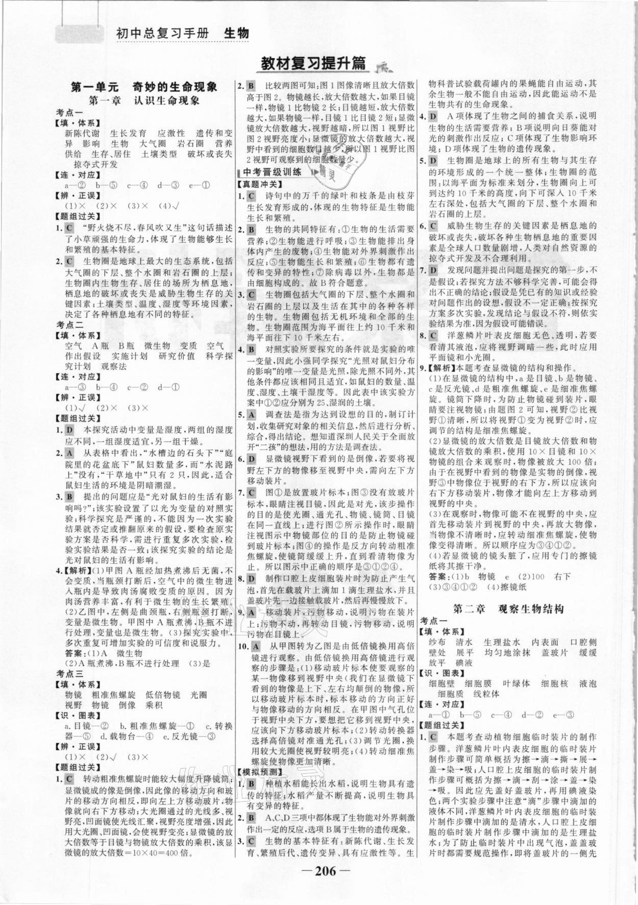 2021年初中总复习手册生物山东画报出版社 参考答案第1页