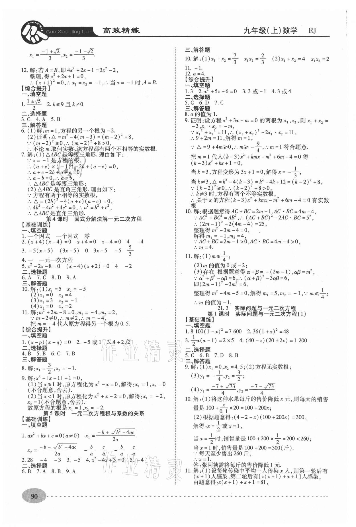 2020年高效精练九年级数学上册人教版 参考答案第2页