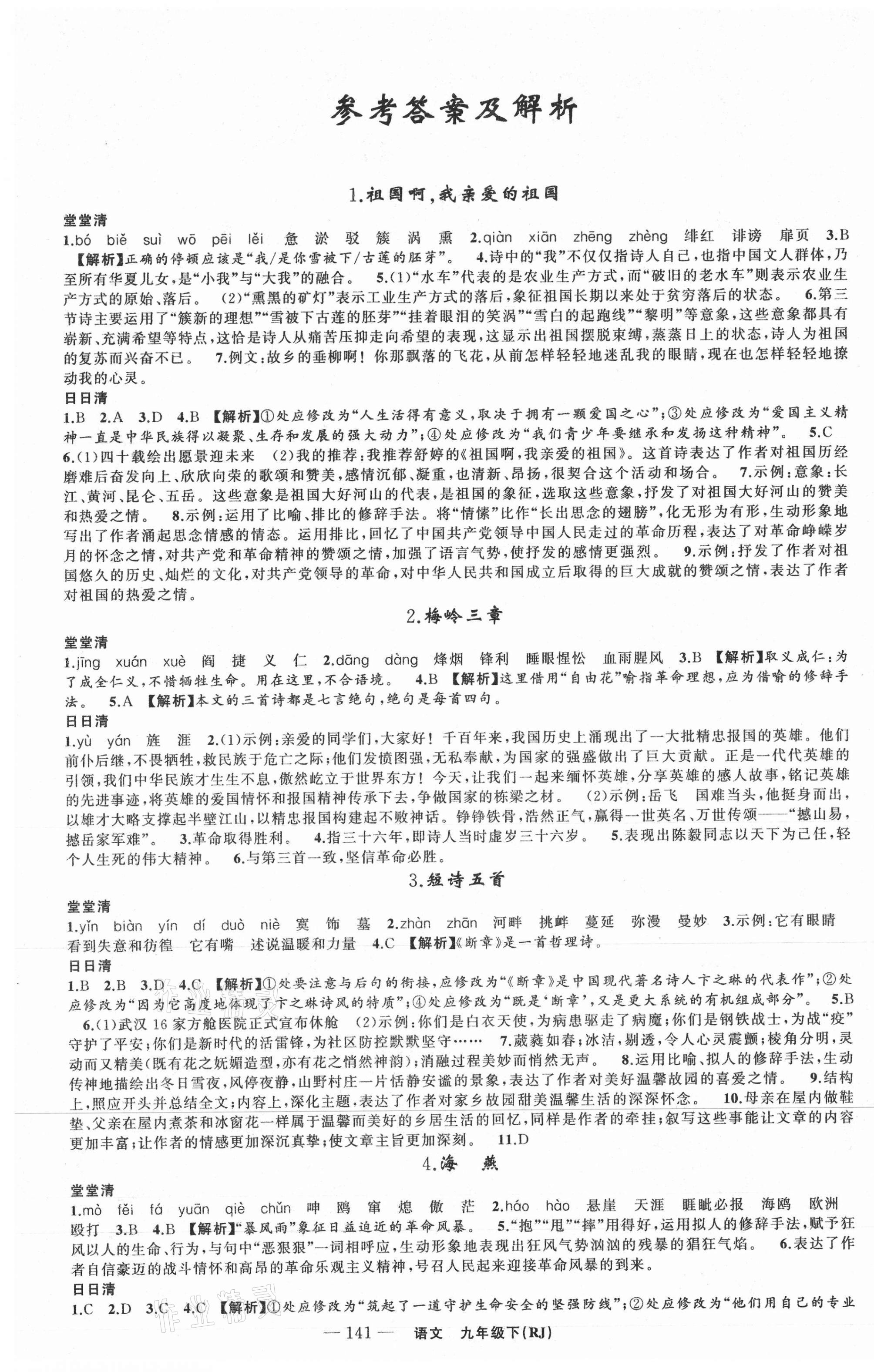 2021年四清導(dǎo)航九年級(jí)語(yǔ)文下冊(cè)人教版黃石專版 第1頁(yè)