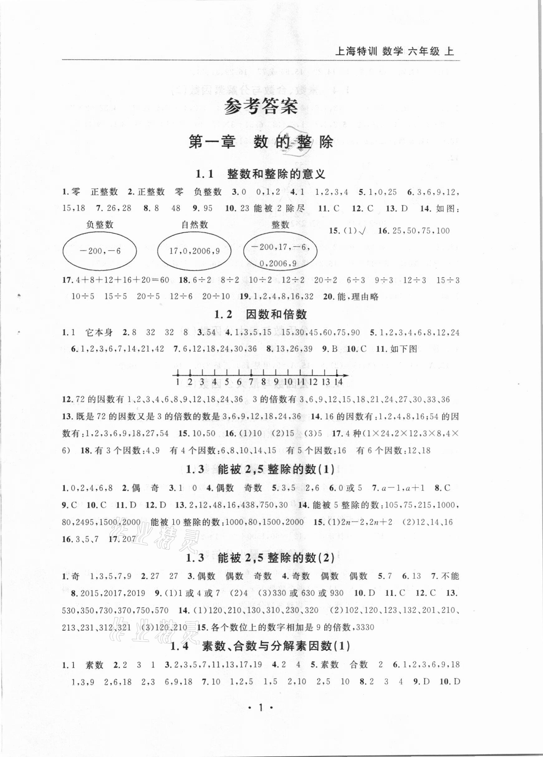 2020年上海特训六年级数学上册沪教版54制 参考答案第1页