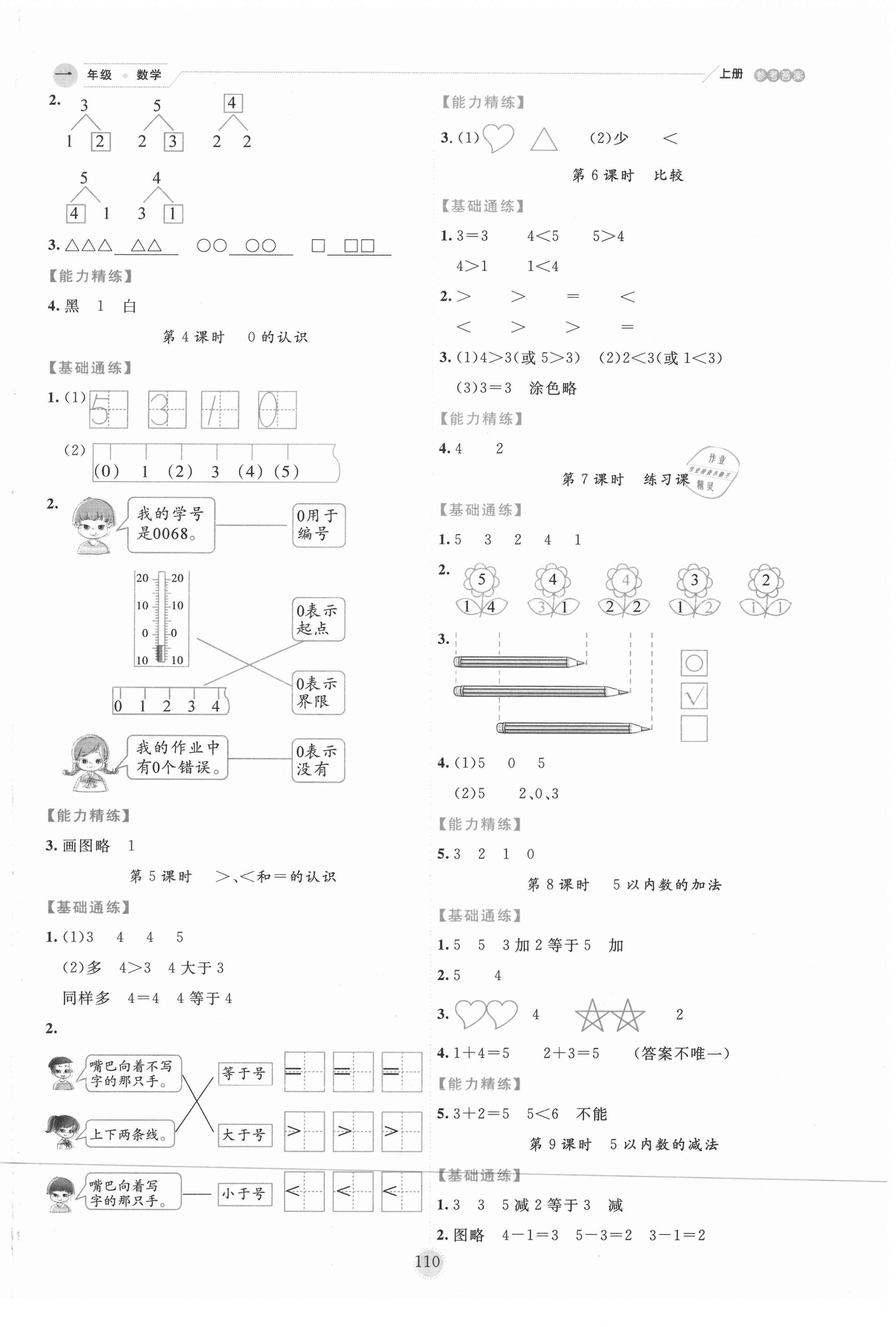 2020年優(yōu)秀生作業(yè)本一年級數(shù)學(xué)上冊西師大版 參考答案第2頁