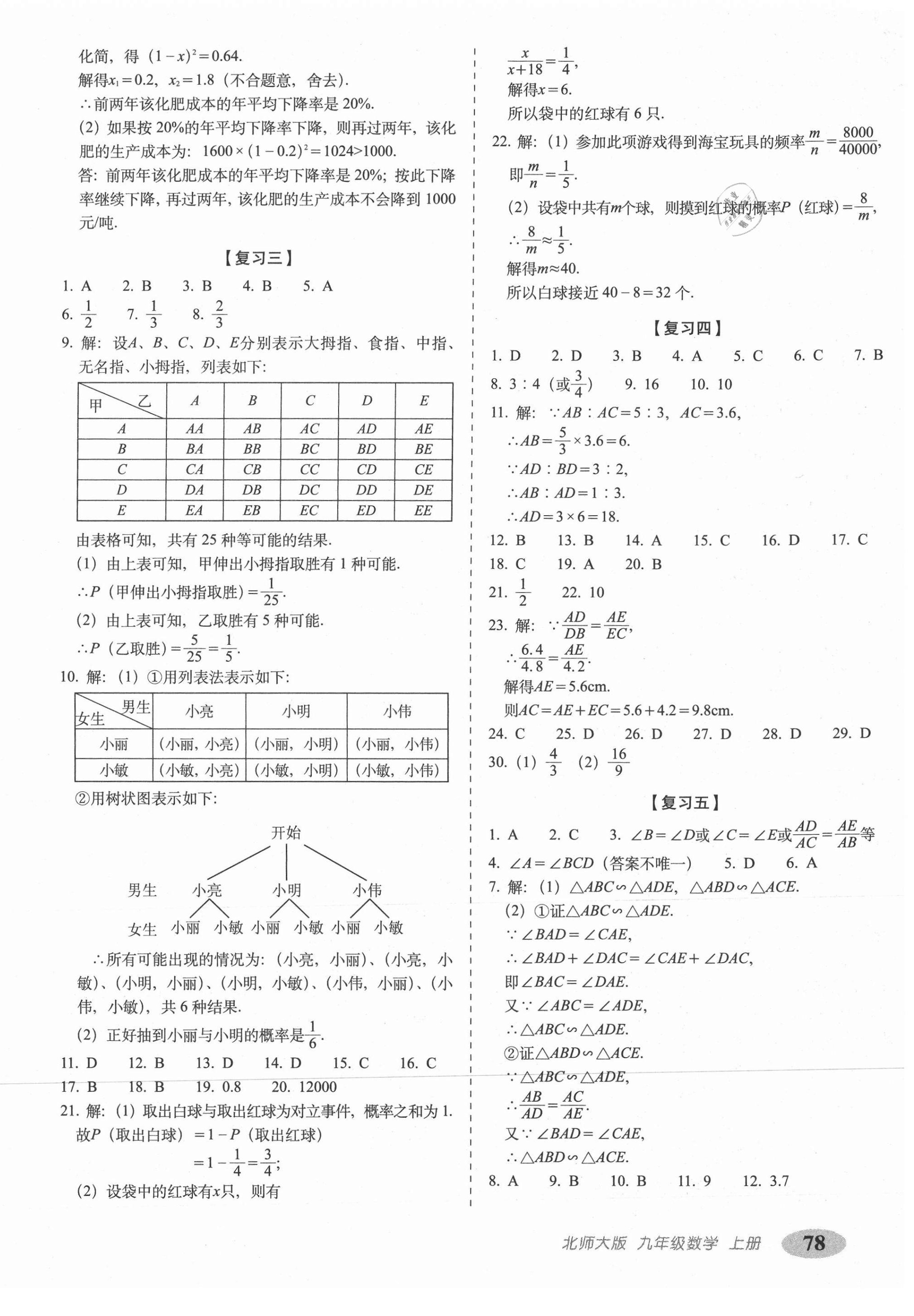 2020年聚能闖關(guān)期末復(fù)習(xí)沖刺卷九年級數(shù)學(xué)上冊北師大版 參考答案第2頁