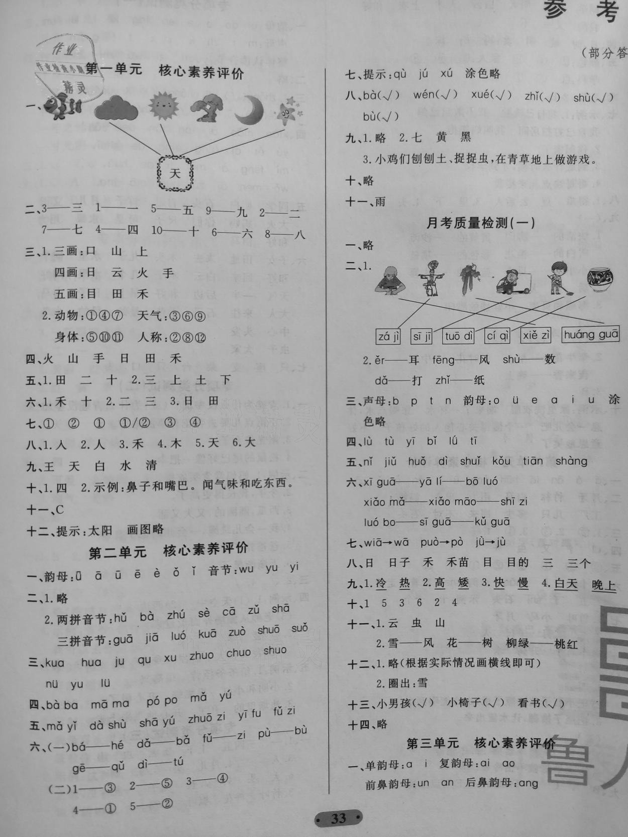 2020年一卷通小學核心素養(yǎng)評價一年級語文上冊人教版54制 參考答案第1頁