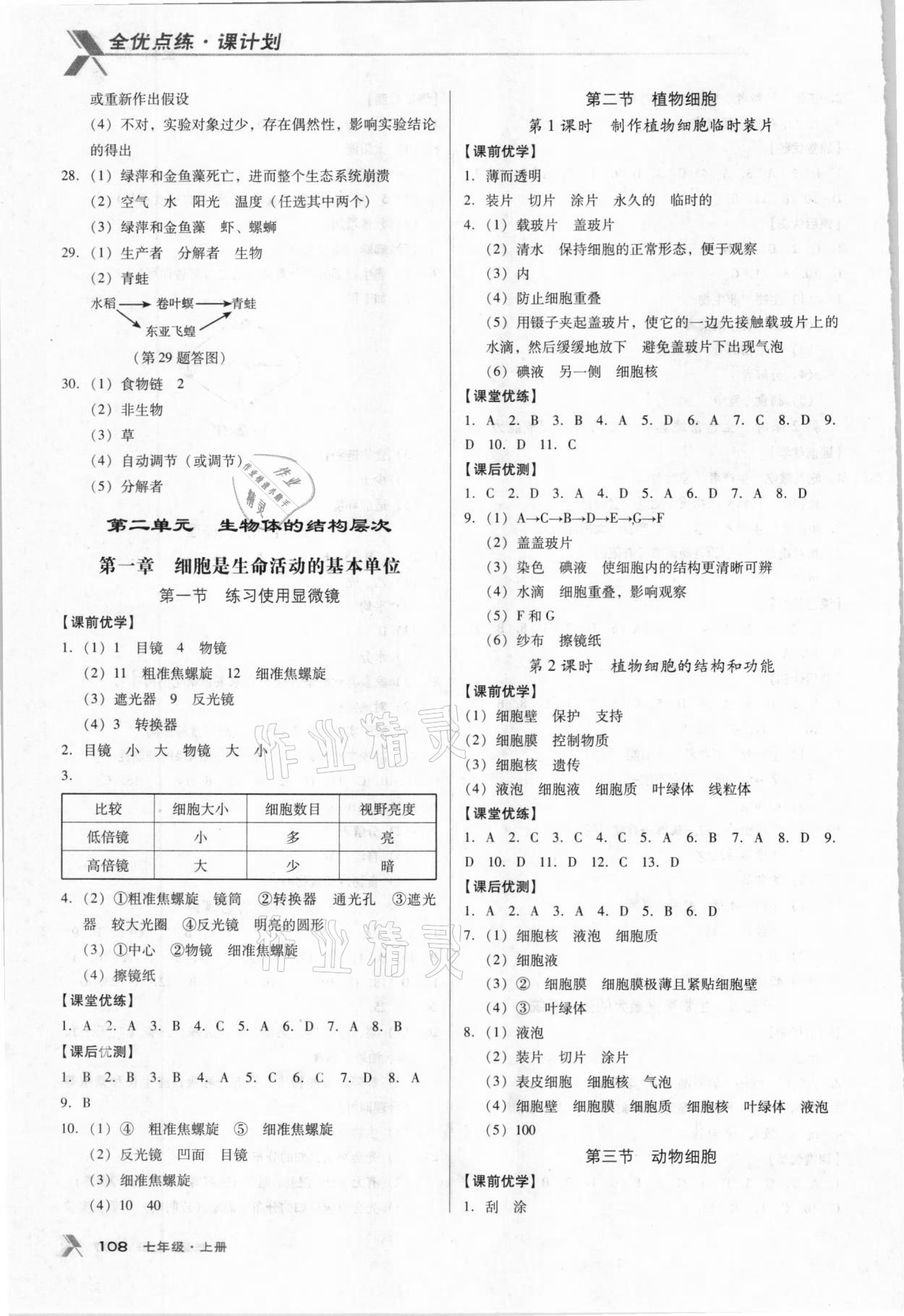 2020年全优点练课计划七年级生物上册人教版 参考答案第3页