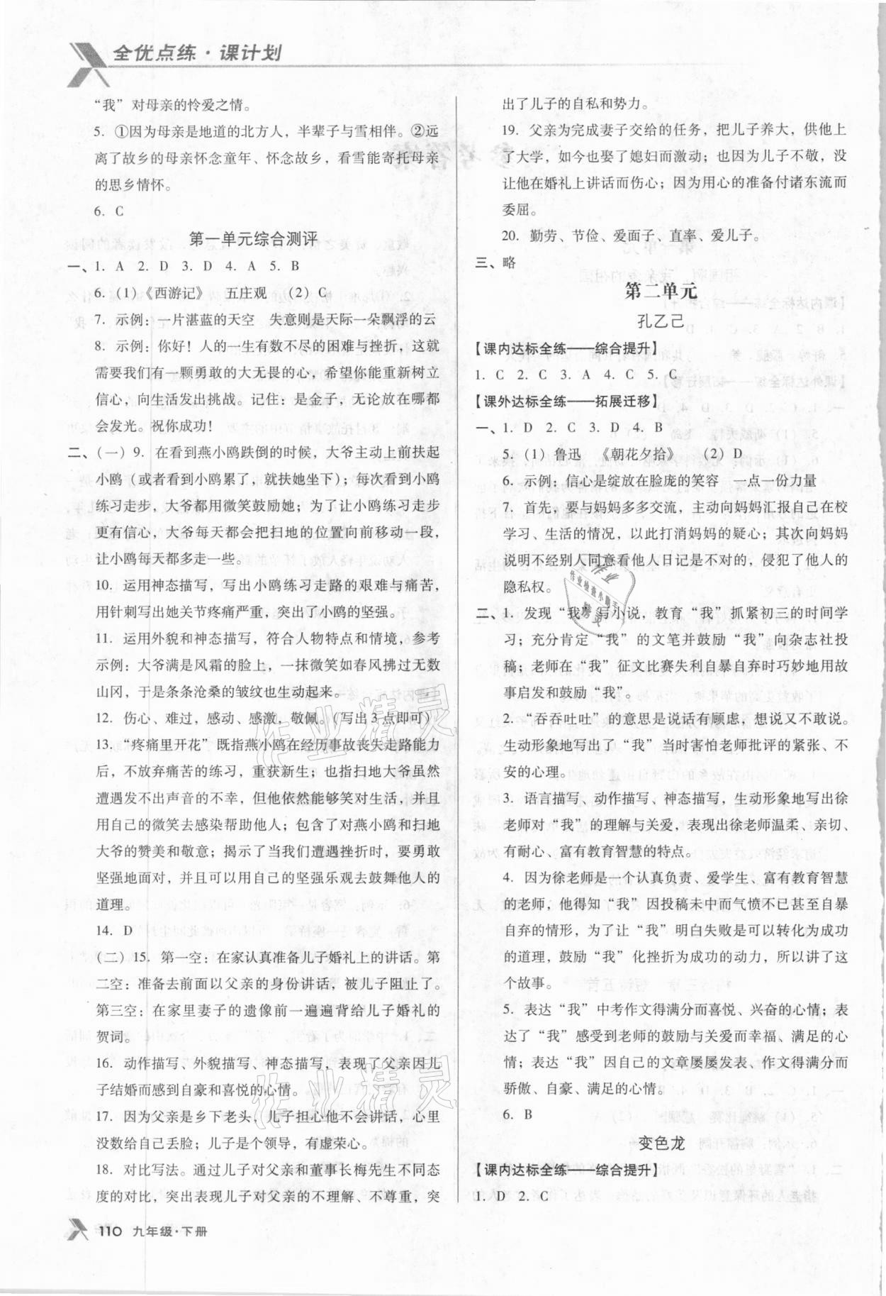 2021年全優(yōu)點練課計劃九年級語文下冊人教版 參考答案第2頁