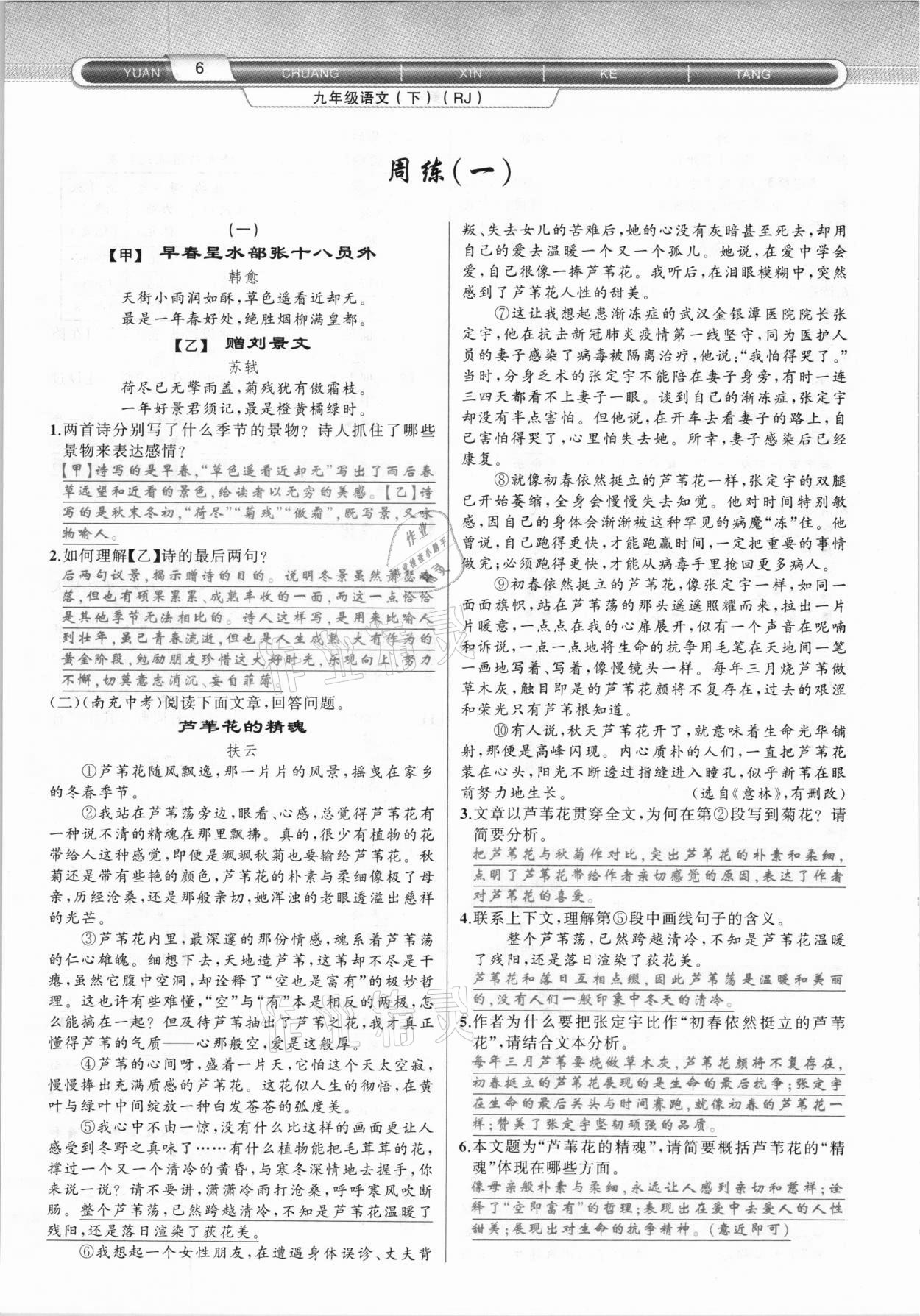 2021年原創(chuàng)新課堂九年級語文下冊人教版達州專版 參考答案第6頁