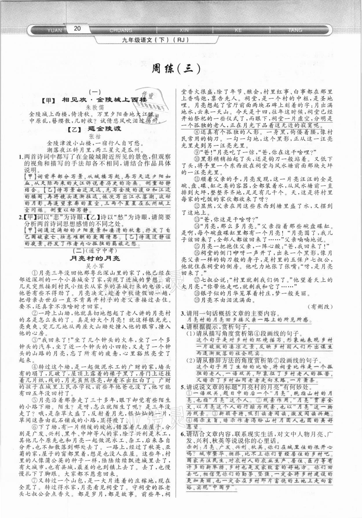 2021年原創(chuàng)新課堂九年級語文下冊人教版達州專版 參考答案第20頁