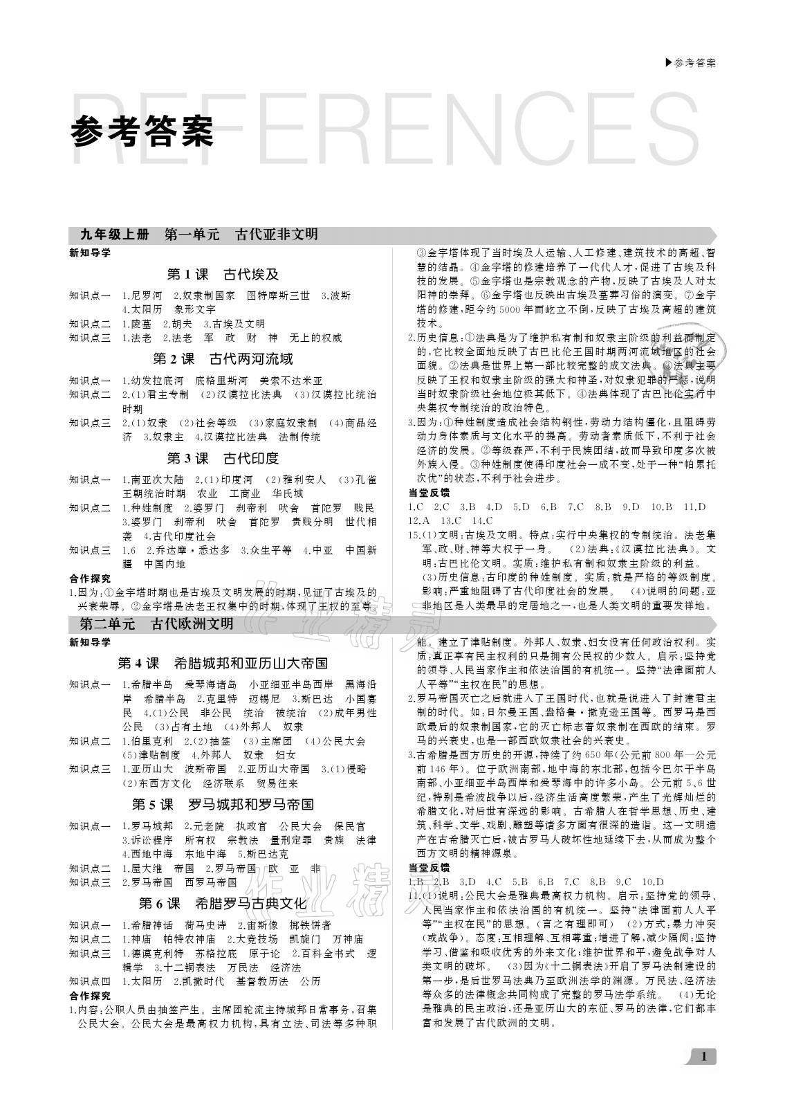 2020年超越訓(xùn)練九年級歷史全一冊人教版 參考答案第1頁