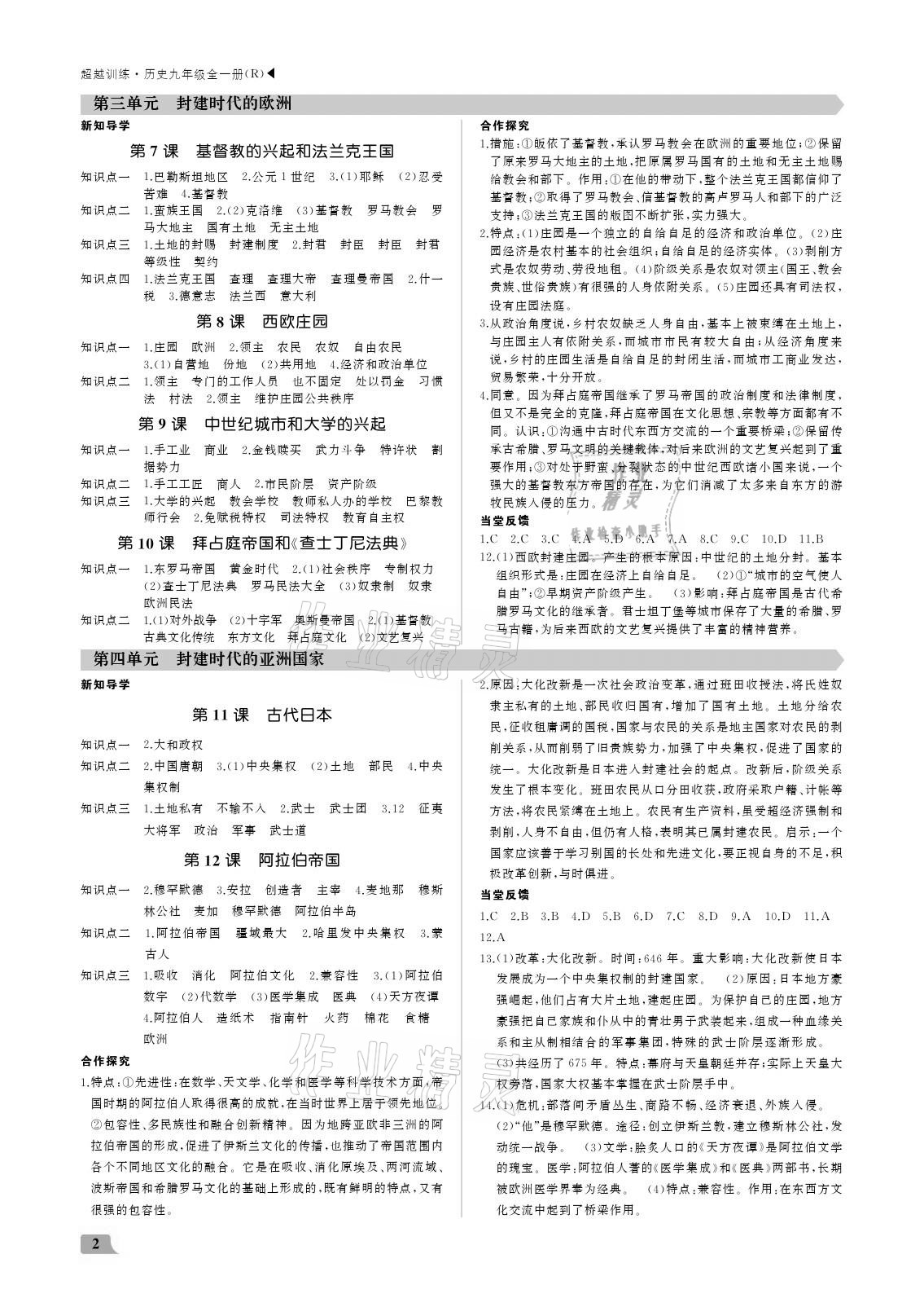 2020年超越訓(xùn)練九年級歷史全一冊人教版 參考答案第2頁