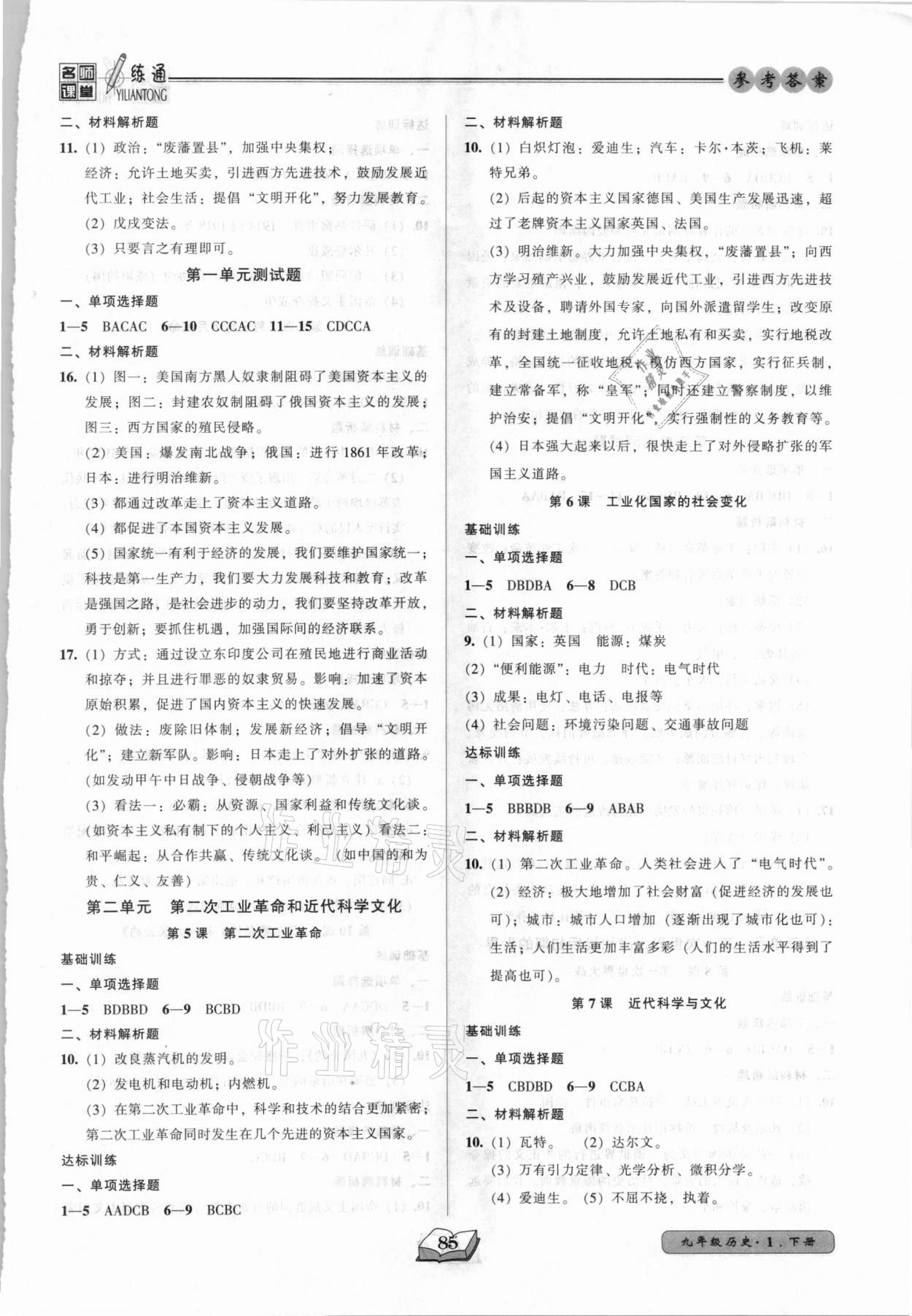 2021年名師課堂一練通九年級歷史下冊人教版 參考答案第2頁