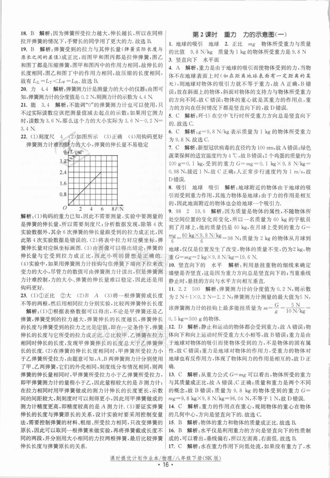 2021年课时提优计划作业本八年级物理下册苏科版 参考答案第16页