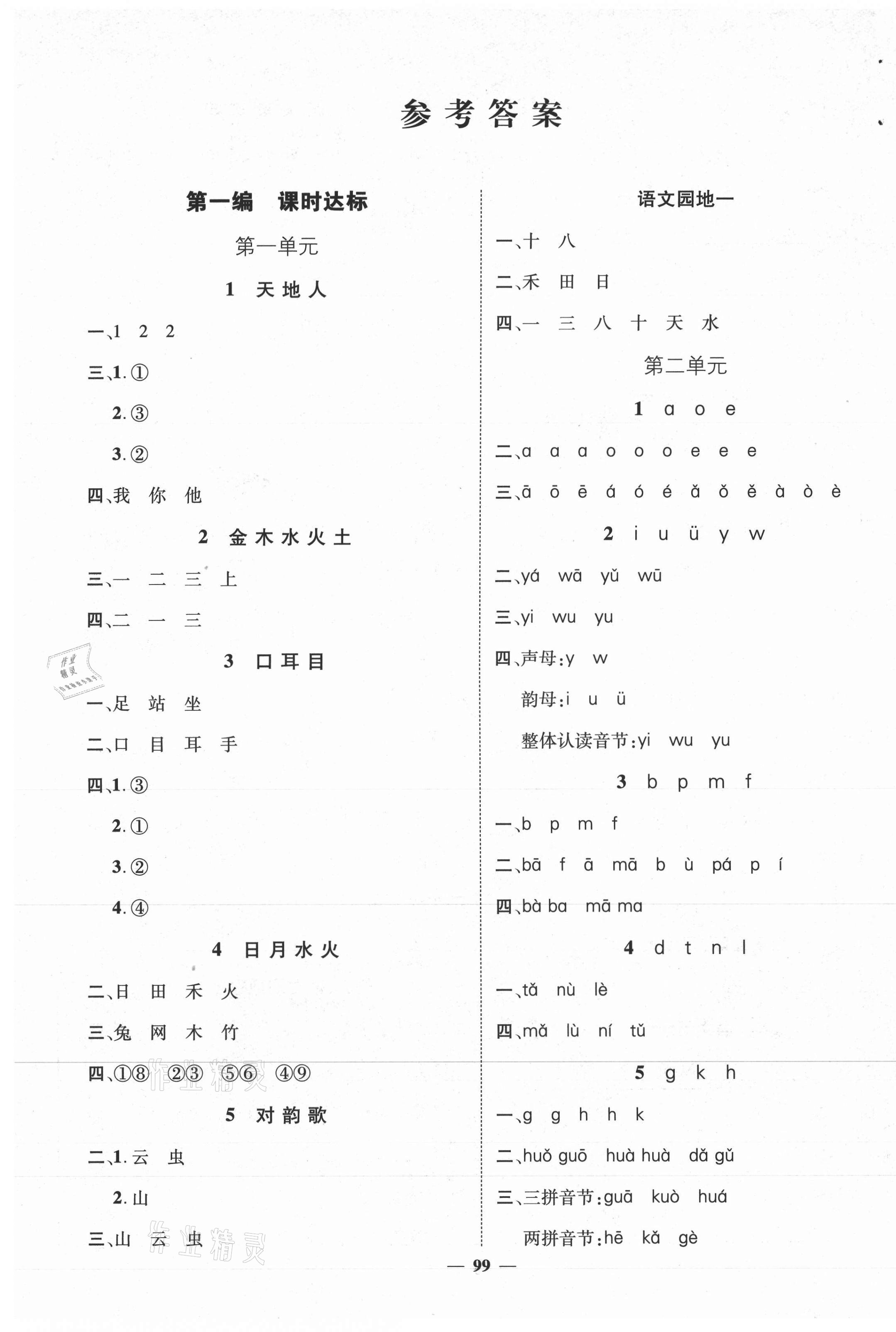 2020年名师测控一年级语文上册人教版江西专版 参考答案第1页