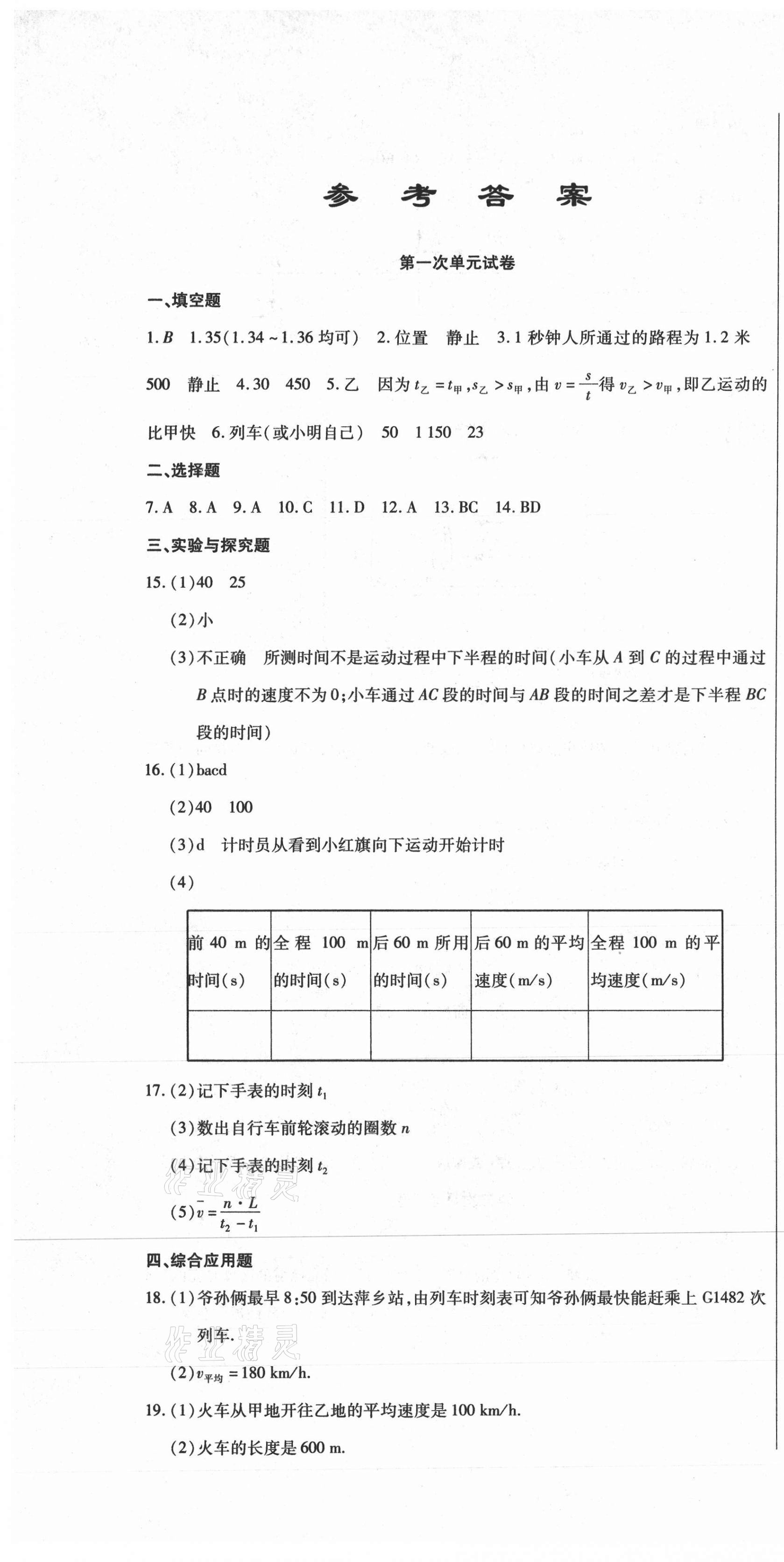 2020年全程测评试卷八年级物理上册人教版 参考答案第1页