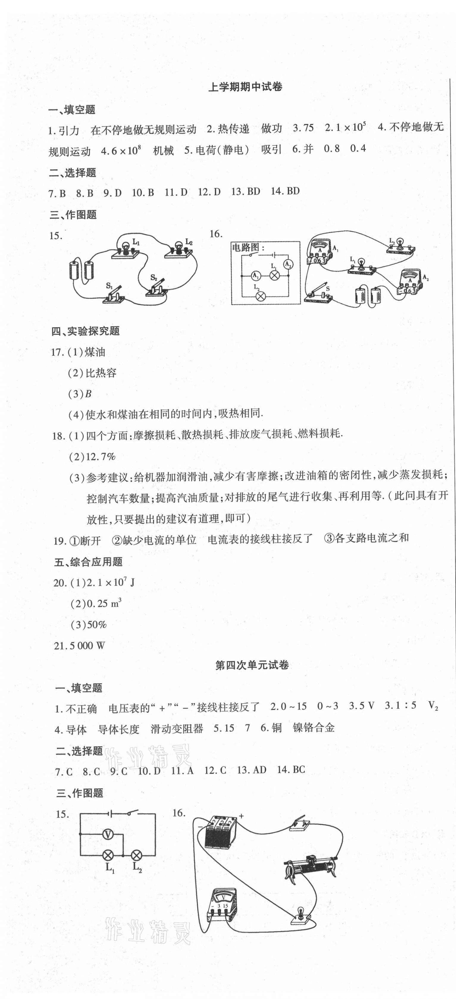 2020年全程測(cè)評(píng)試卷九年級(jí)物理全一冊(cè)人教版 參考答案第4頁(yè)