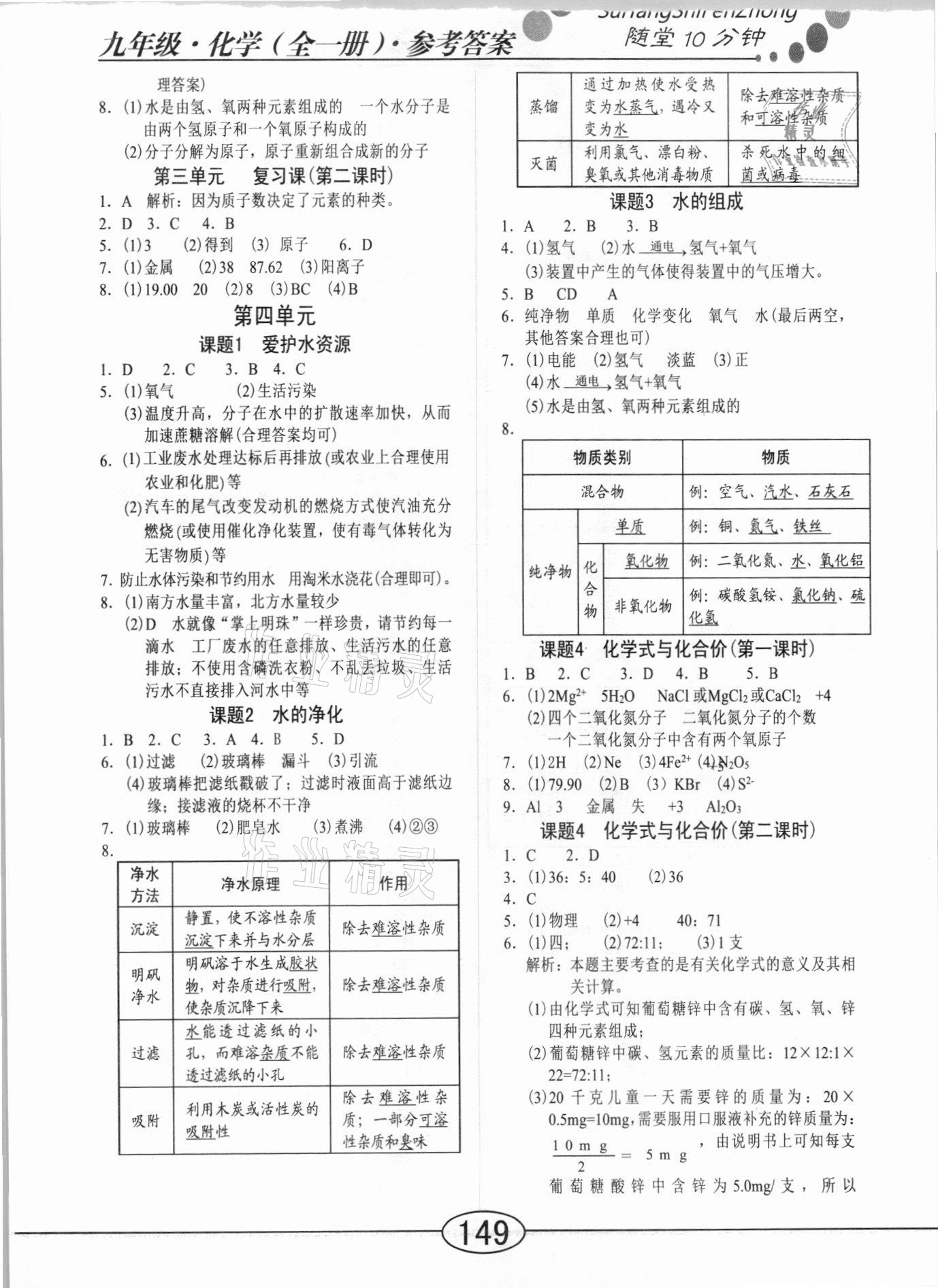 2020年随堂10分钟九年级化学全一册人教版 参考答案第5页