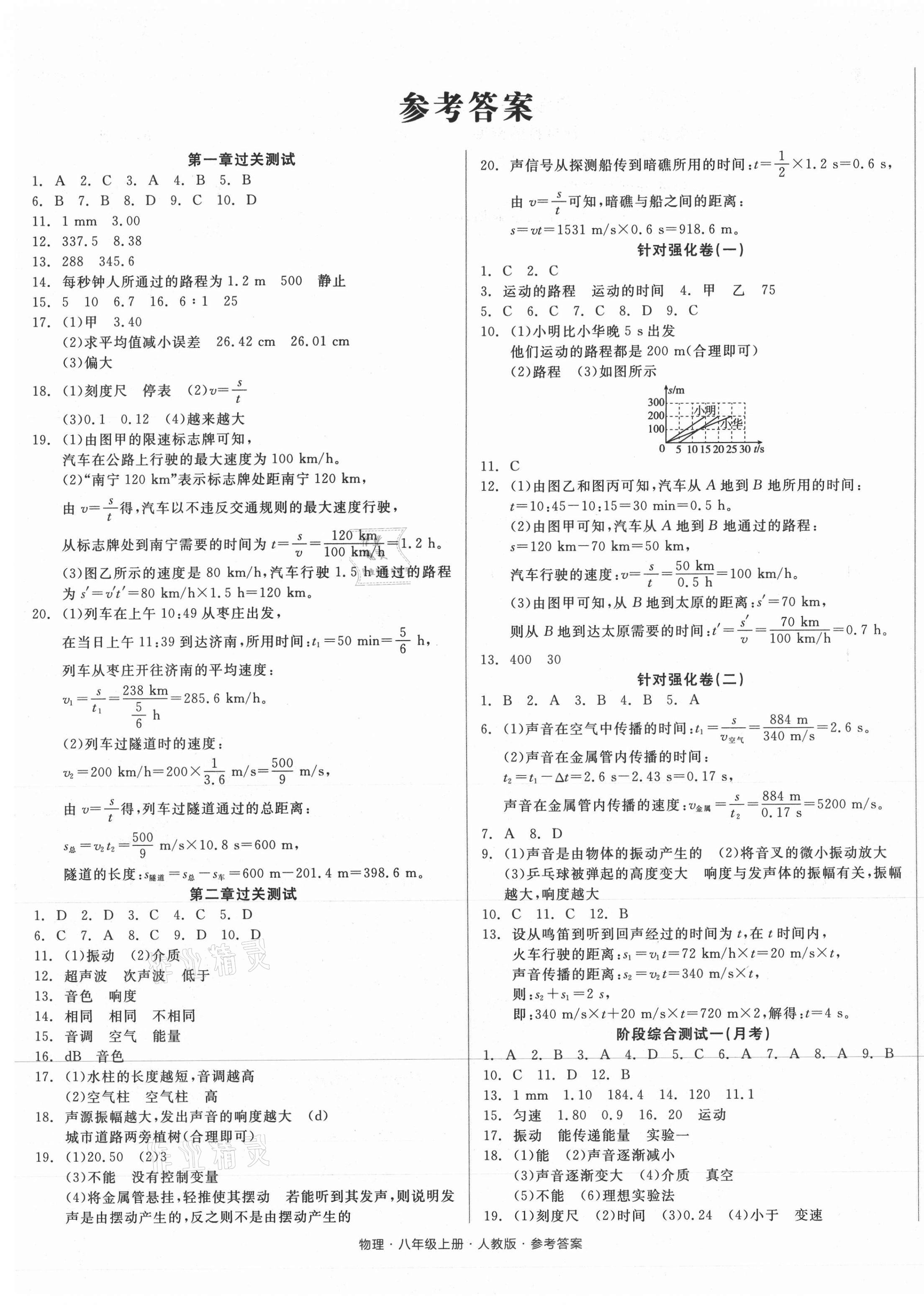 2020年全品小复习八年级物理上册人教版 参考答案第1页