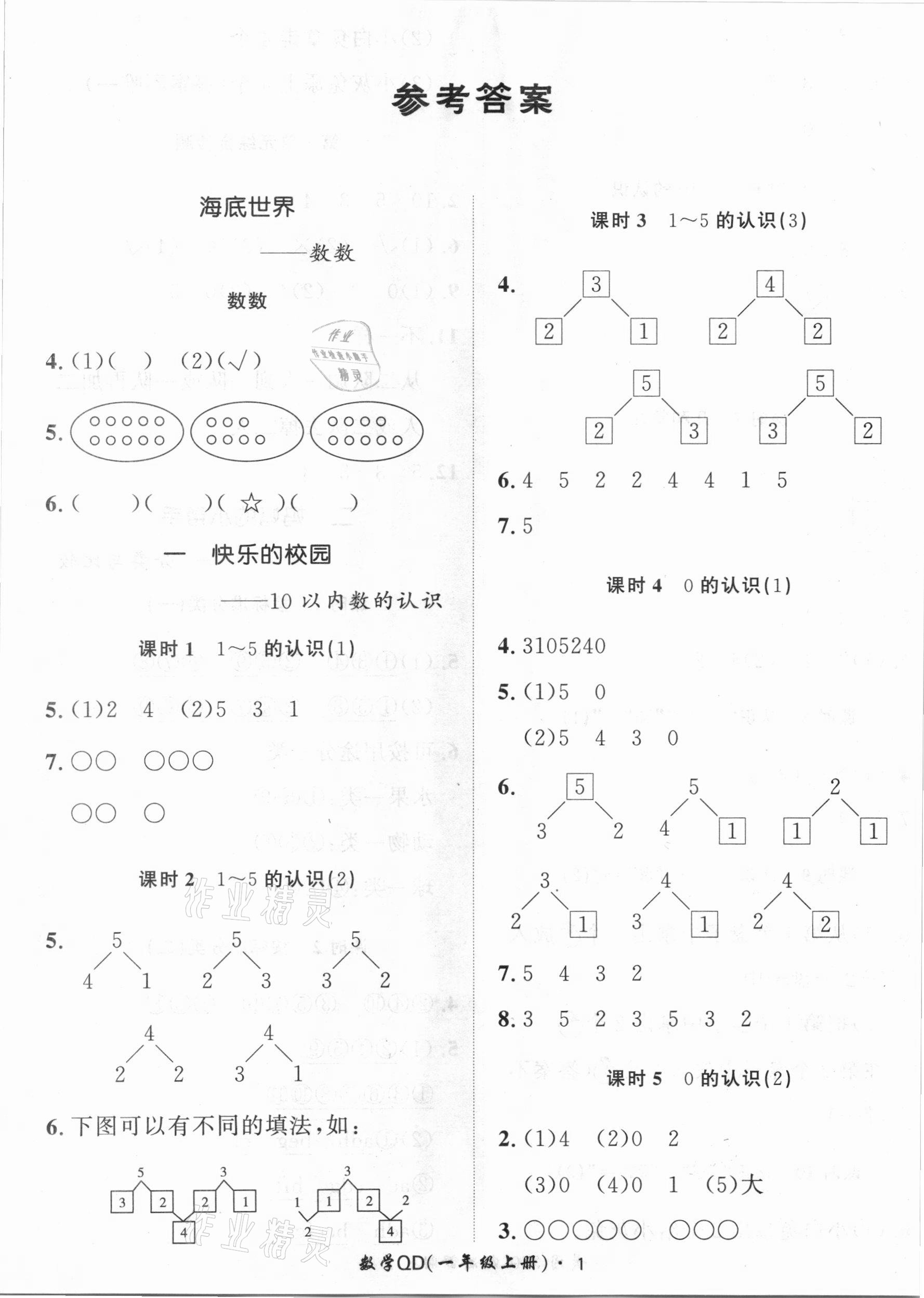 2020年黃岡360定制課時一年級數(shù)學上冊青島版 第1頁