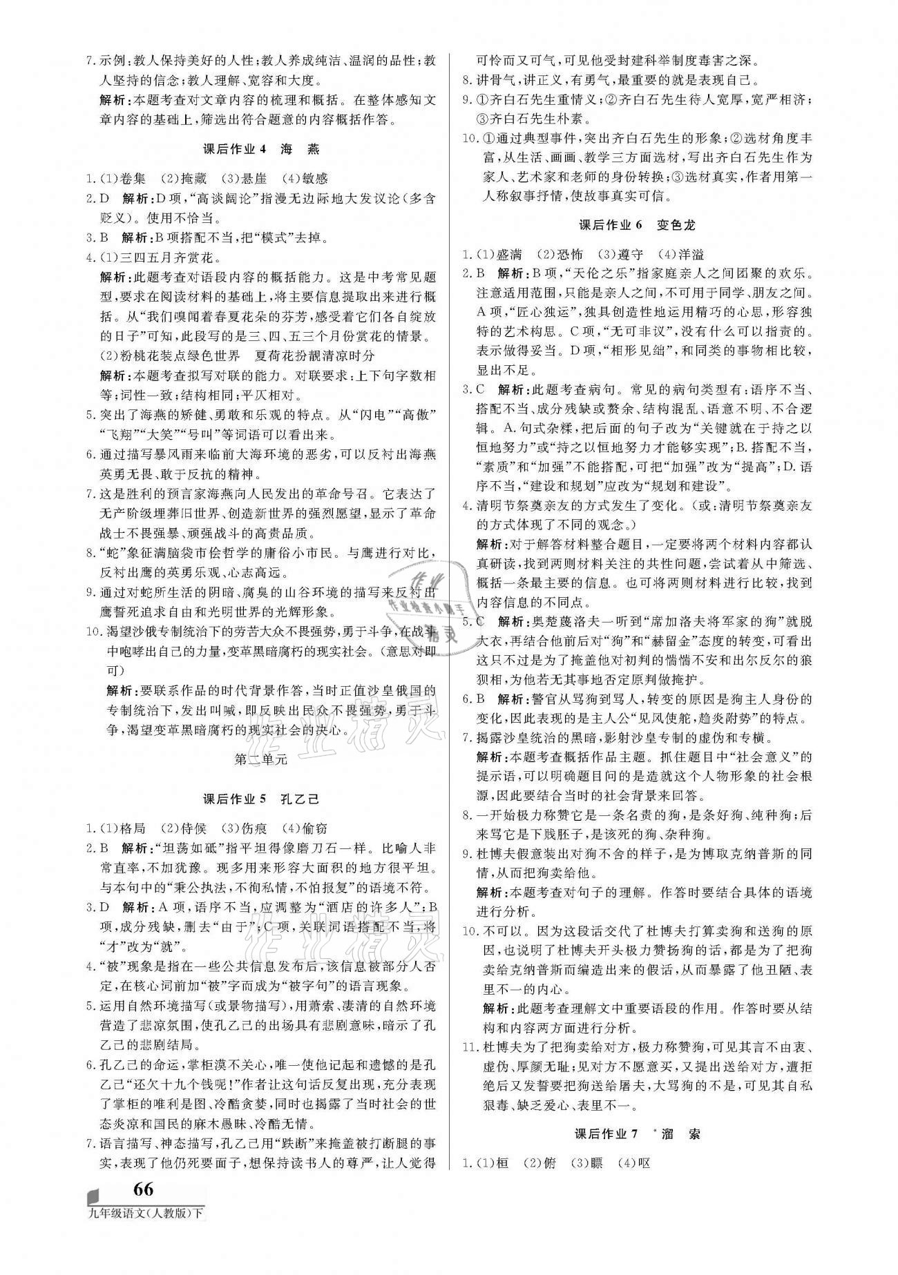 2021年培優(yōu)A計(jì)劃九年級語文下冊人教版 參考答案第2頁