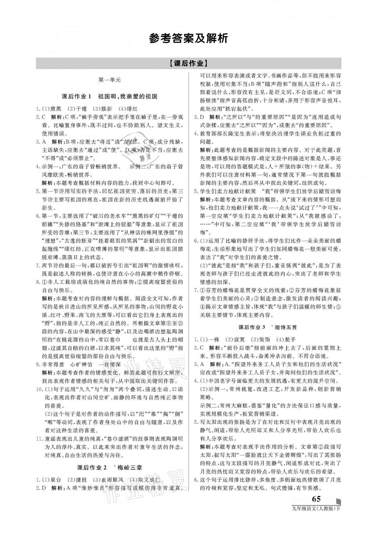 2021年培優(yōu)A計(jì)劃九年級(jí)語(yǔ)文下冊(cè)人教版 參考答案第1頁(yè)