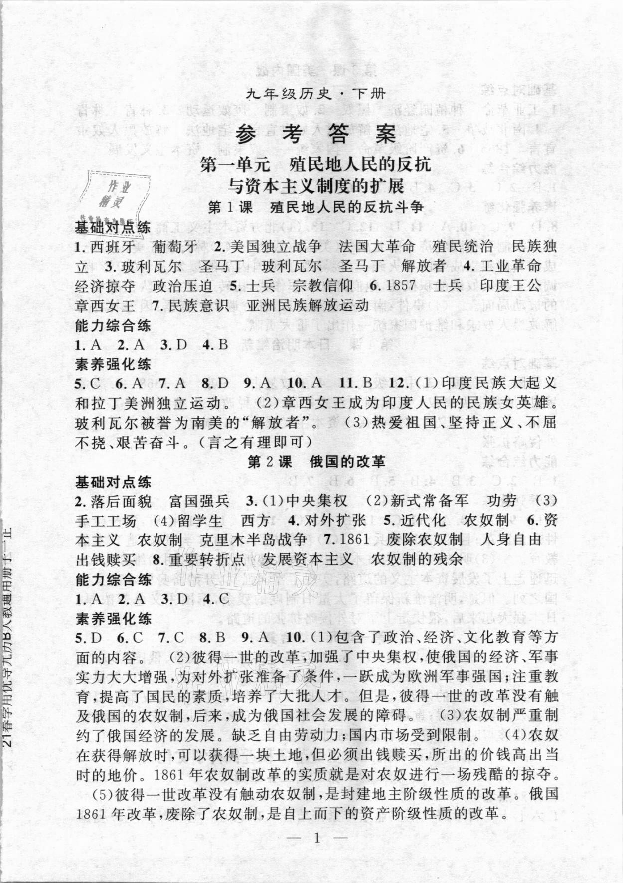 2021年優(yōu)質(zhì)課堂導(dǎo)學(xué)案九年級(jí)歷史下冊人教版 參考答案第1頁