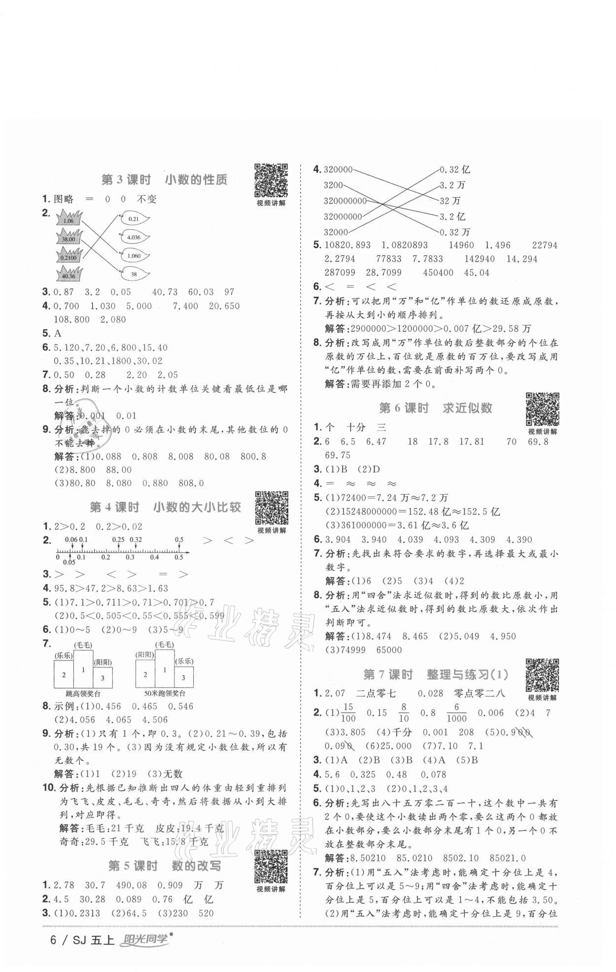 2020年阳光同学课时优化作业五年级数学上册苏教版徐州专版 参考答案第6页