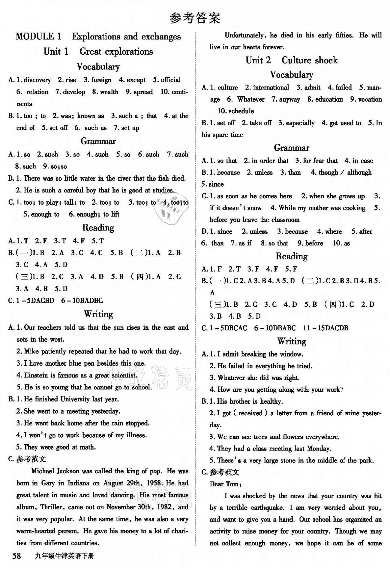 2021年培優A計劃九年級英語下冊滬教版廣州深圳專用 參考答案第1頁