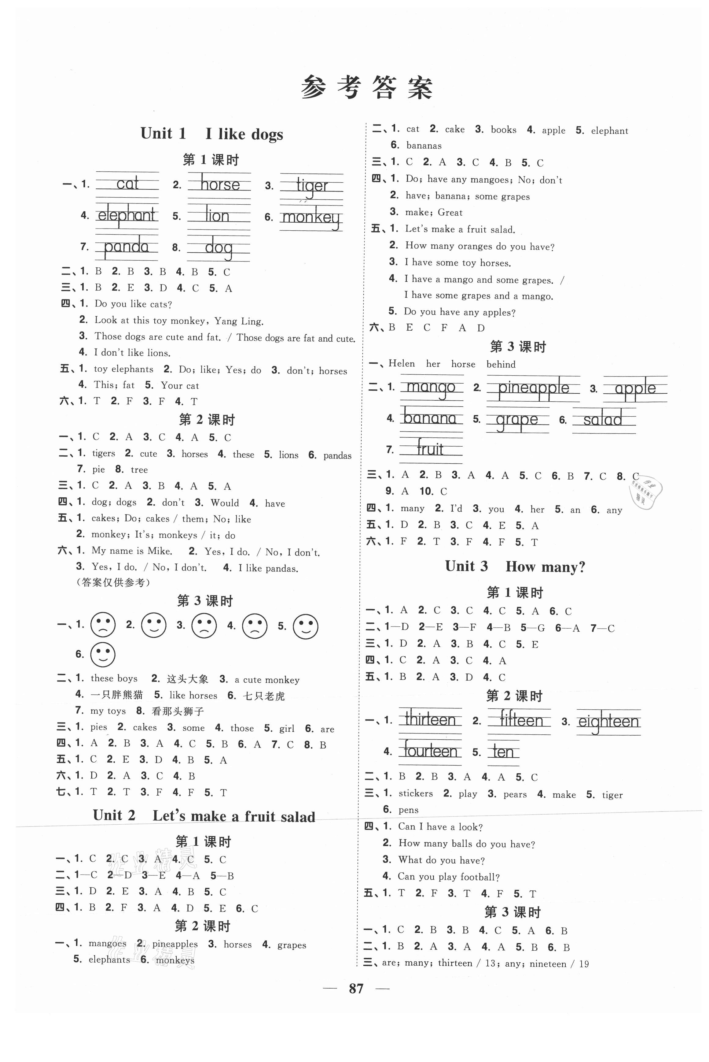 2020年陽光同學(xué)課時優(yōu)化作業(yè)四年級英語上冊譯林版徐州專版 參考答案第1頁