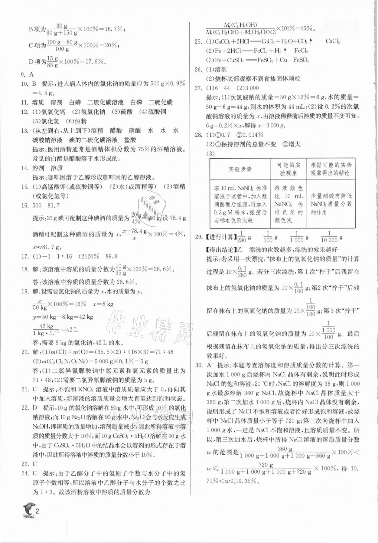 2021年实验班提优训练九年级化学下册沪教版江苏专用 参考答案第2页