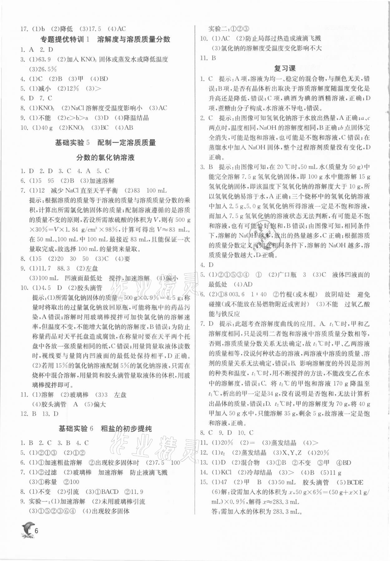 2021年实验班提优训练九年级化学下册沪教版江苏专用 参考答案第6页