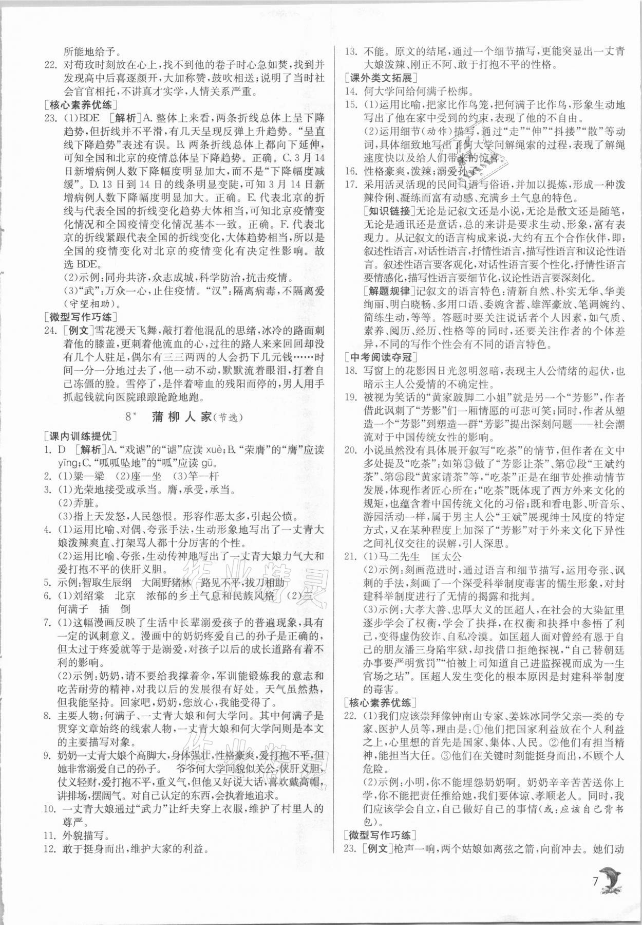 2020年实验班提优训练九年级语文下册人教版江苏专用 参考答案第7页