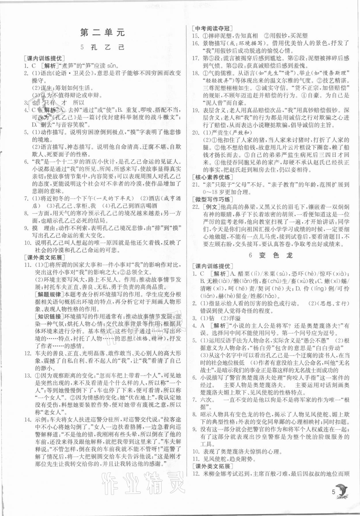 2020年实验班提优训练九年级语文下册人教版江苏专用 参考答案第5页