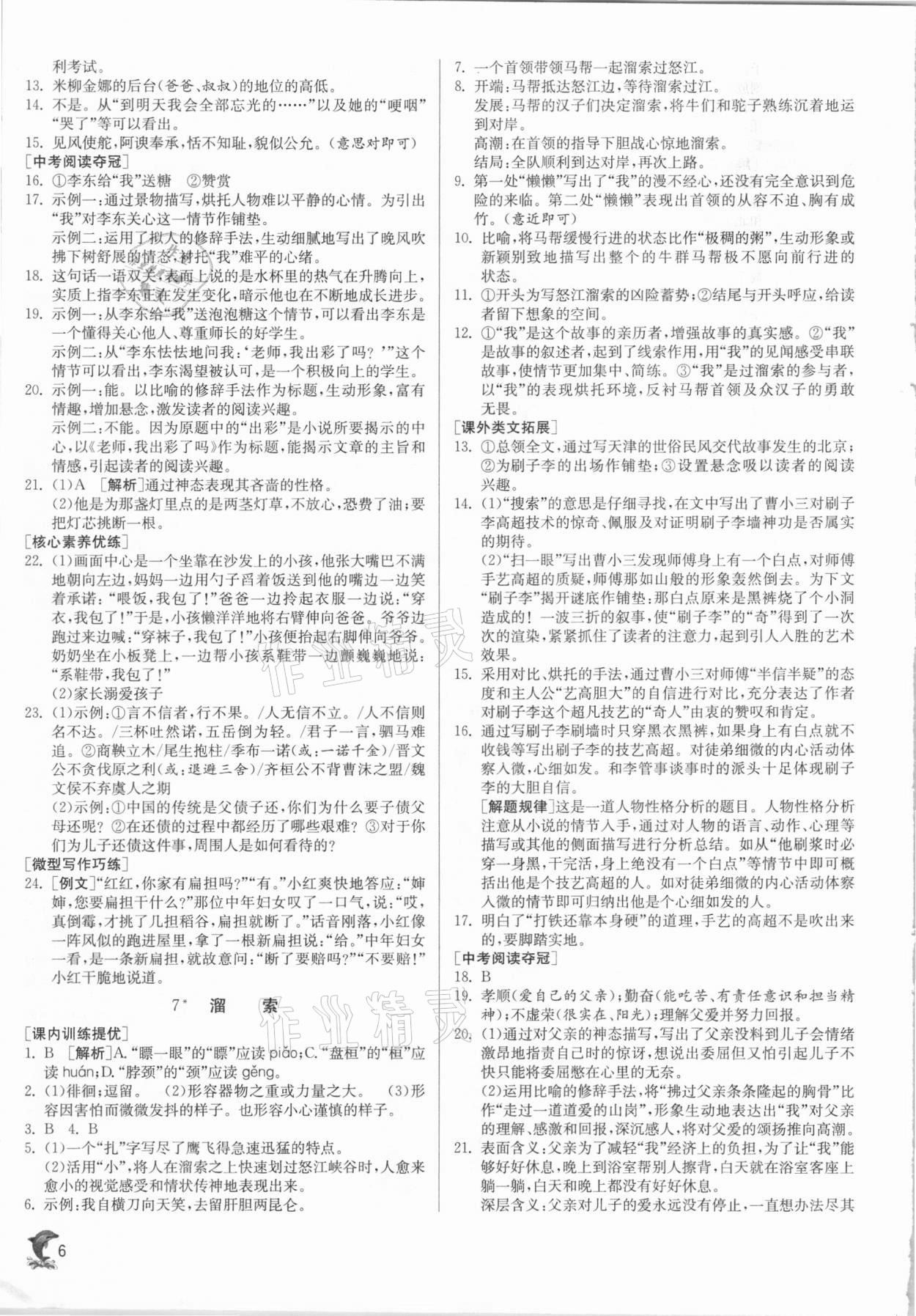 2020年实验班提优训练九年级语文下册人教版江苏专用 参考答案第6页